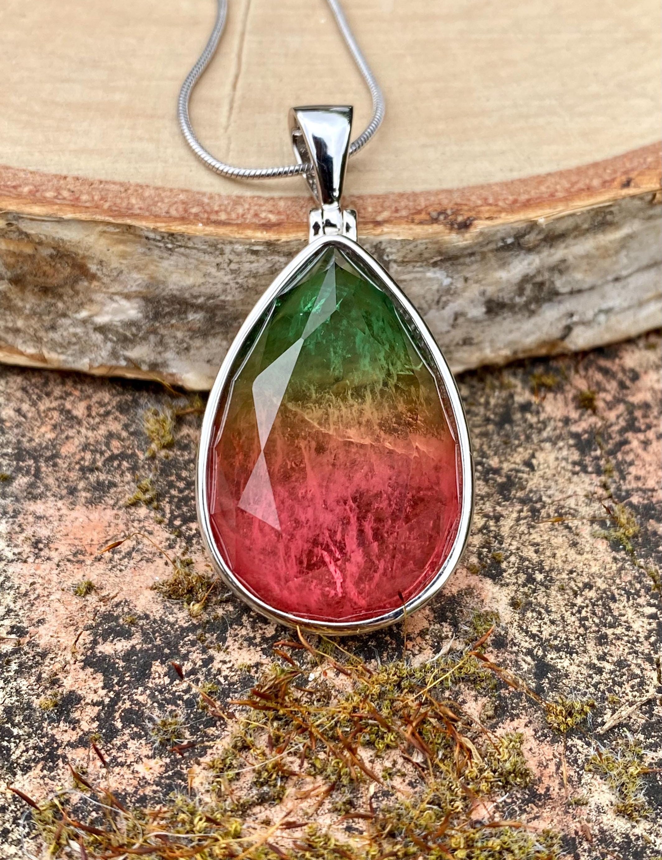 Watermelon Tourmaline Pendant Teardrop Sterling Silver