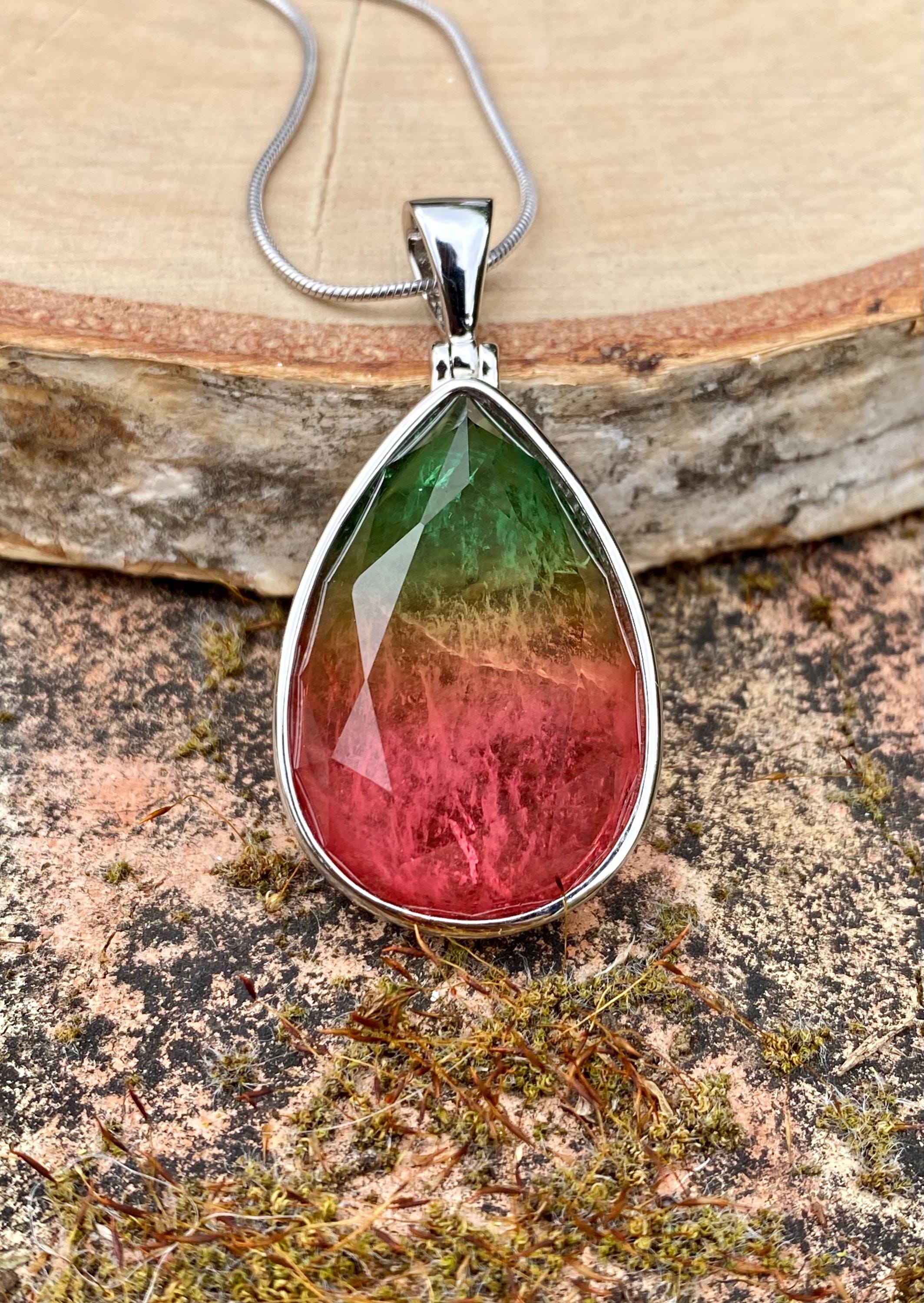 Watermelon Tourmaline Pendant Teardrop Sterling Silver