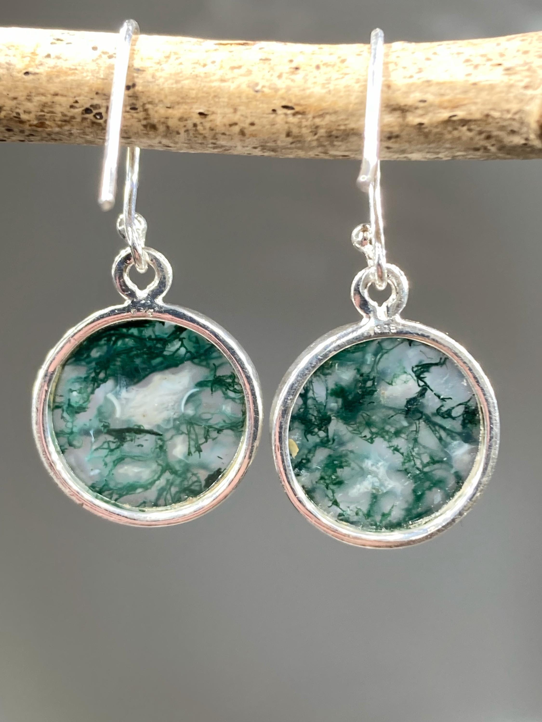 Moss Agate and Silver Round Earrings