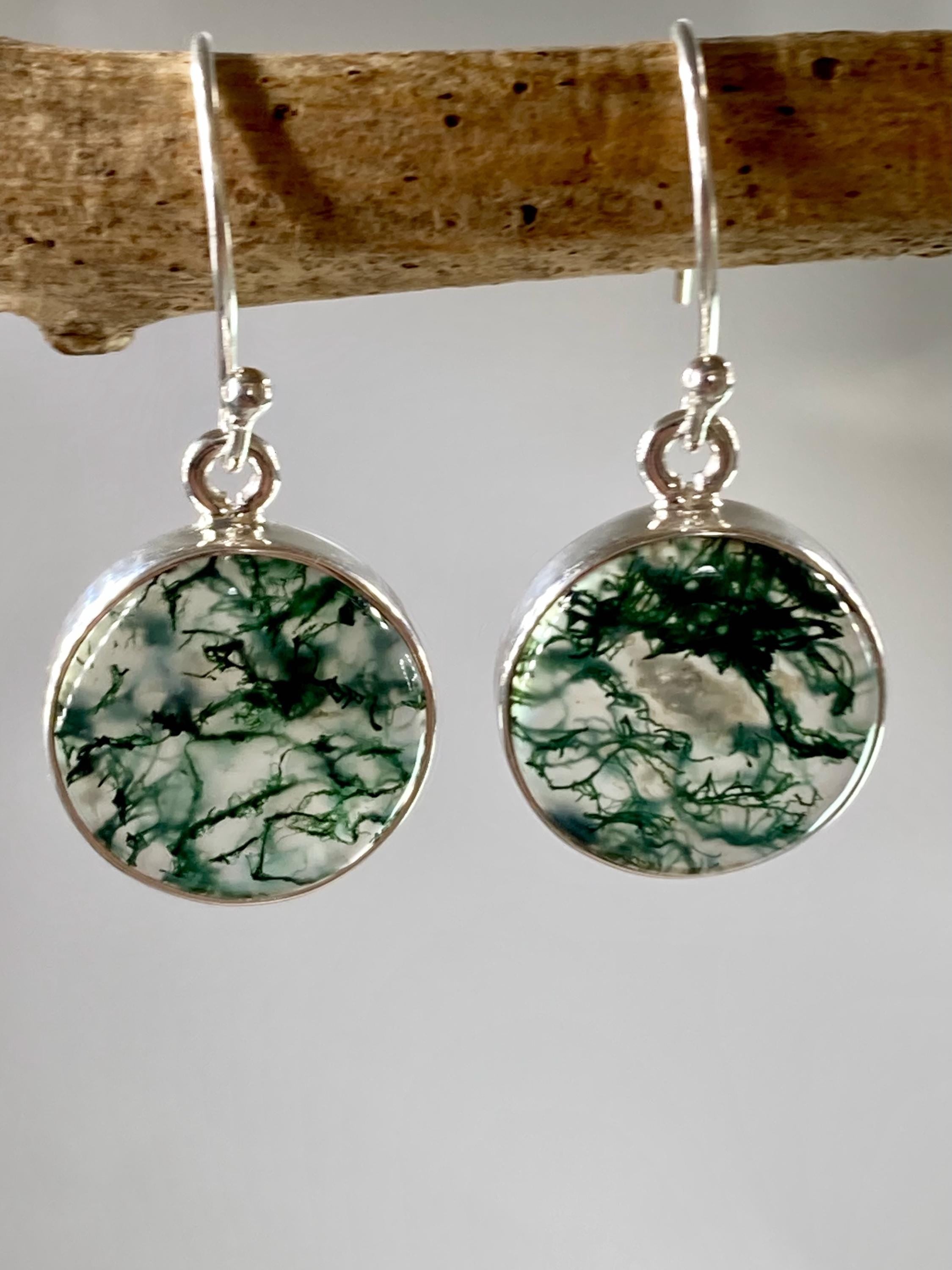 Moss Agate and Silver Round Earrings