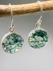 Moss Agate and Silver Round Earrings