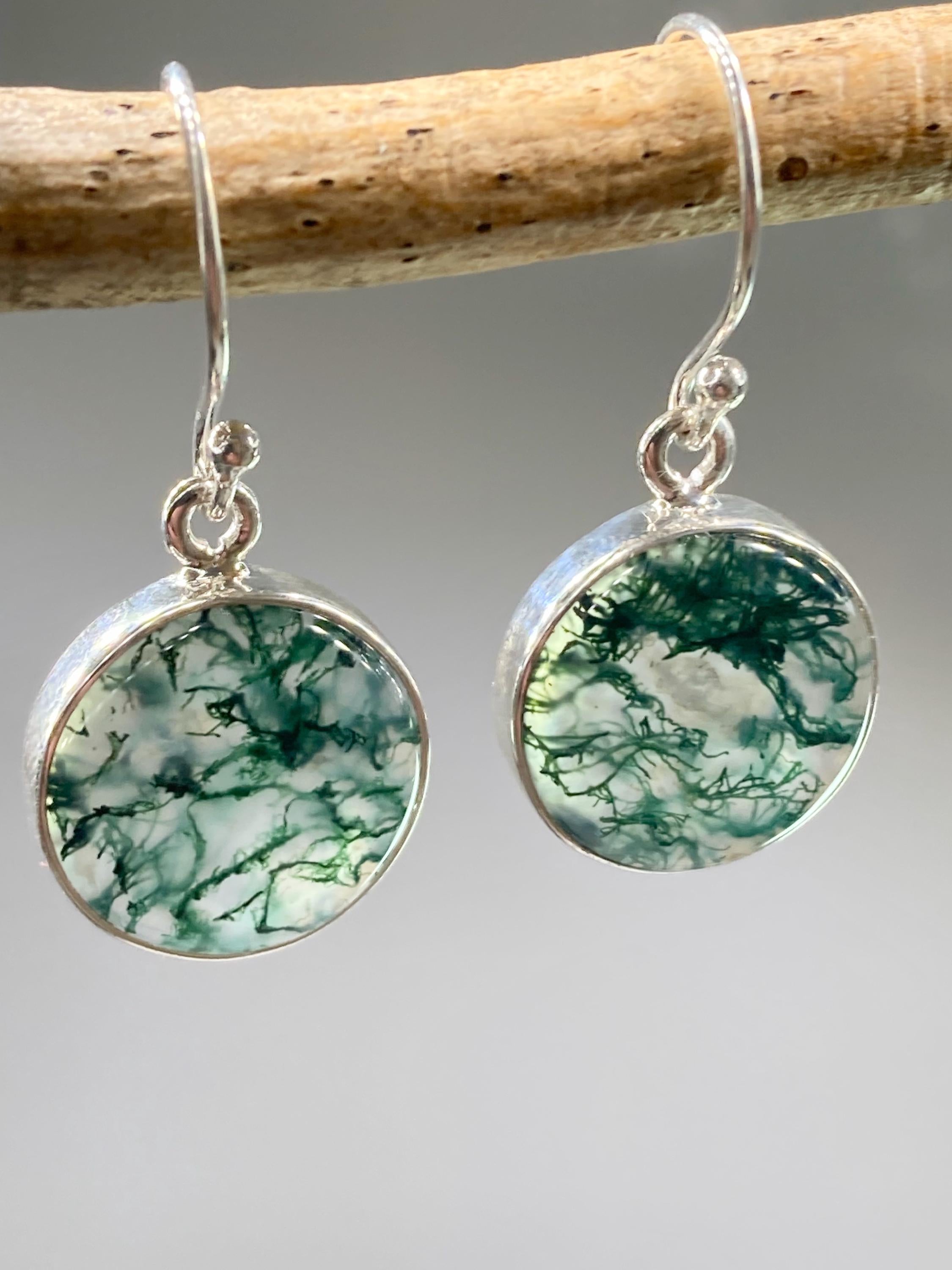 Moss Agate and Silver Round Earrings