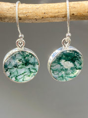 Moss Agate and Silver Round Earrings