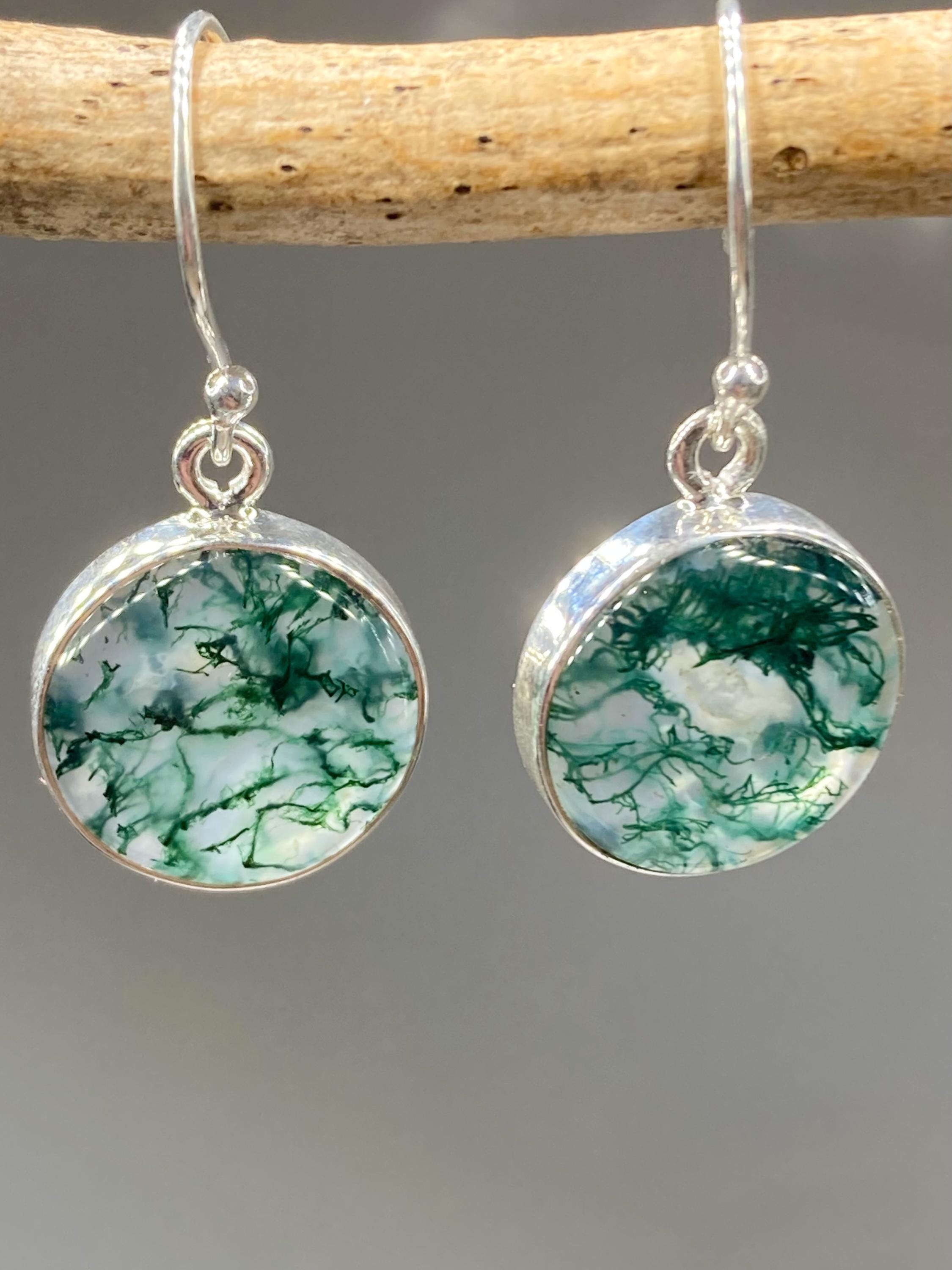 Moss Agate and Silver Round Earrings