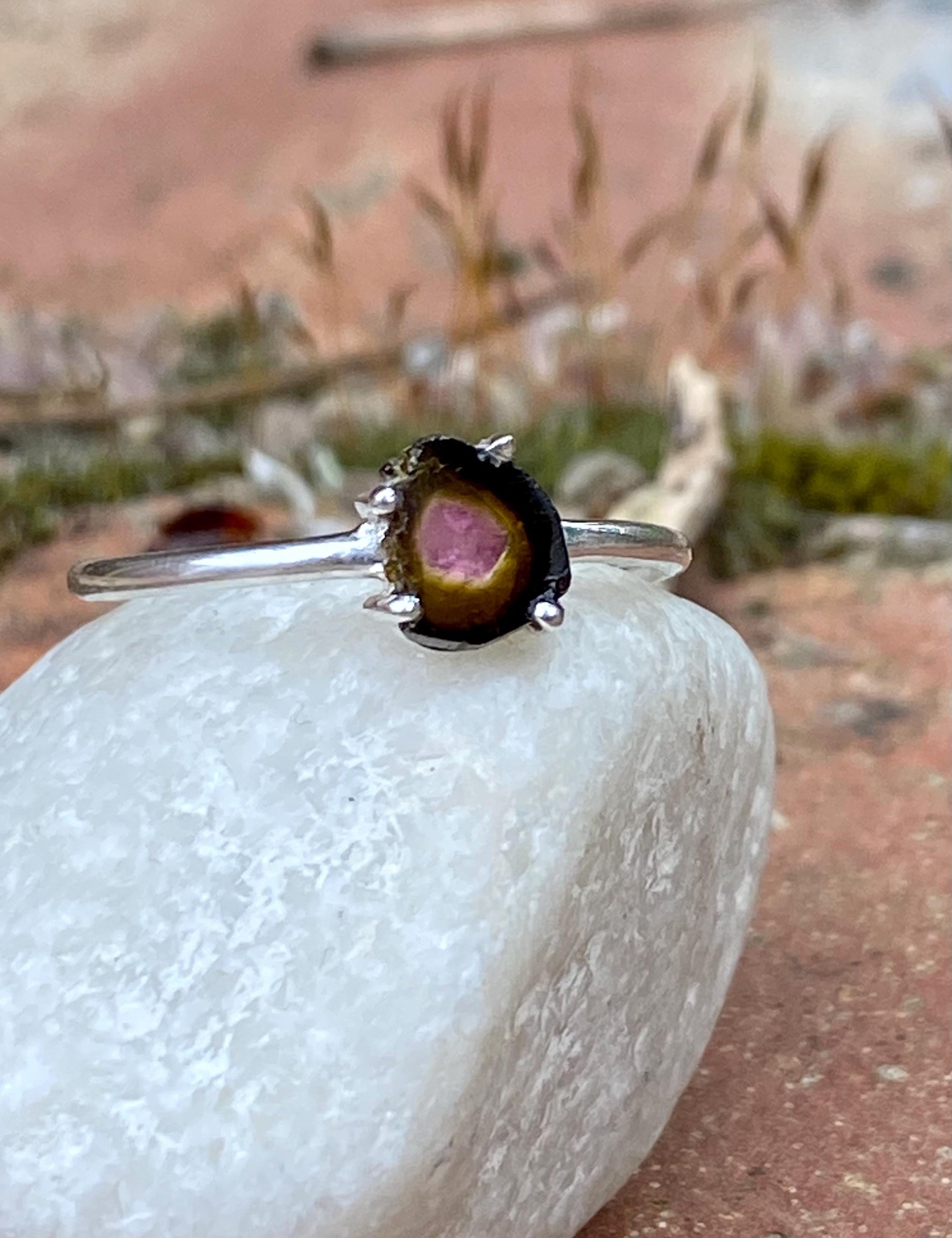 Watermelon Tourmaline Slice Silver ring