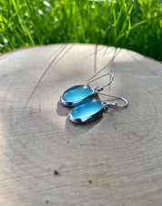 Dainty Aquamarine Dangle Earrings, Oval 19mm x 11mm, Sterling Silver, Handmade UK gift