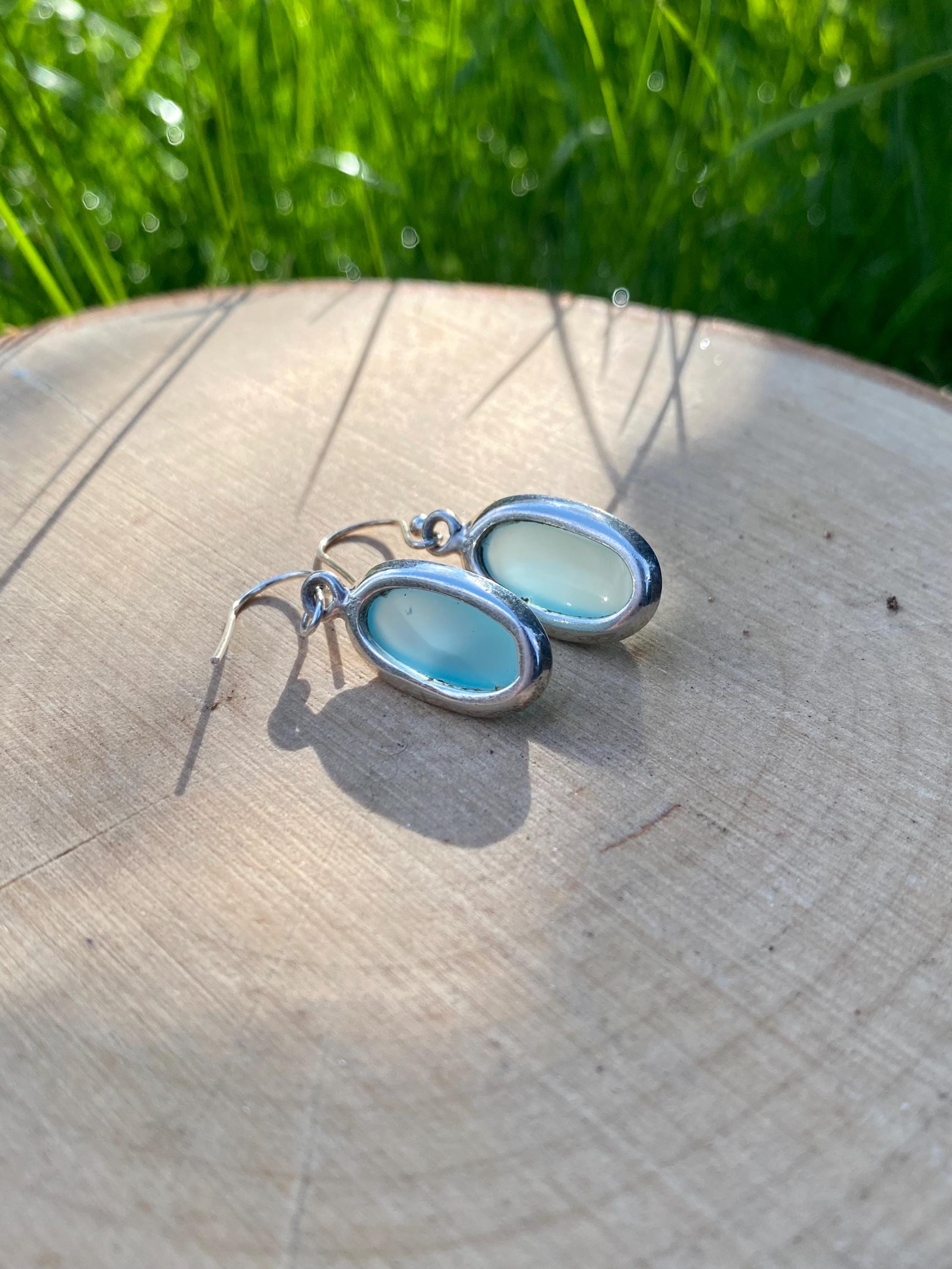 Dainty Aquamarine Dangle Earrings, Oval 19mm x 11mm, Sterling Silver, Handmade UK gift