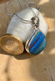 Rainbow Calsilica Sterling Silver Pendant: Teardrop Volcanic Rhyolite