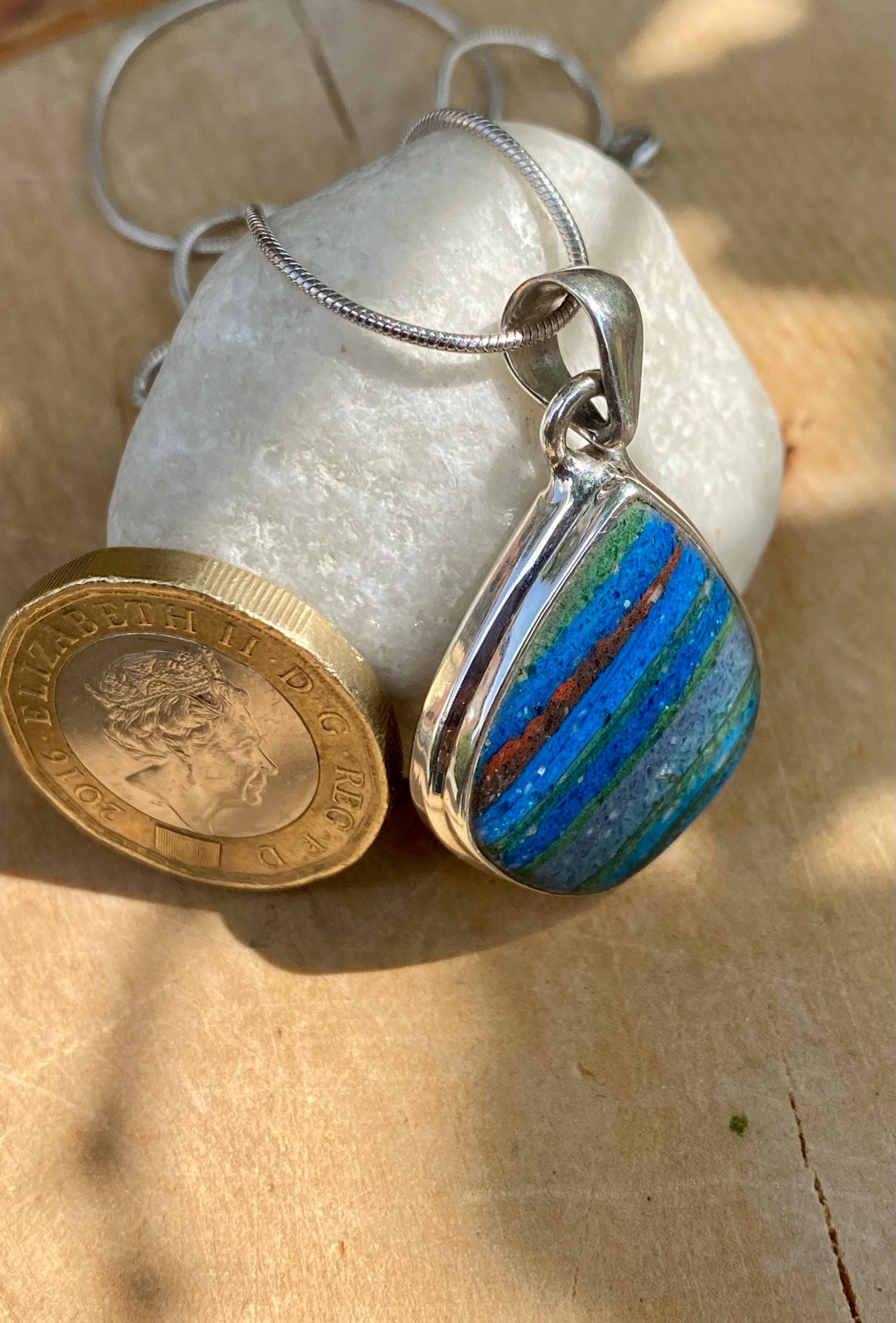 Rainbow Calsilica Sterling Silver Pendant: Teardrop Volcanic Rhyolite