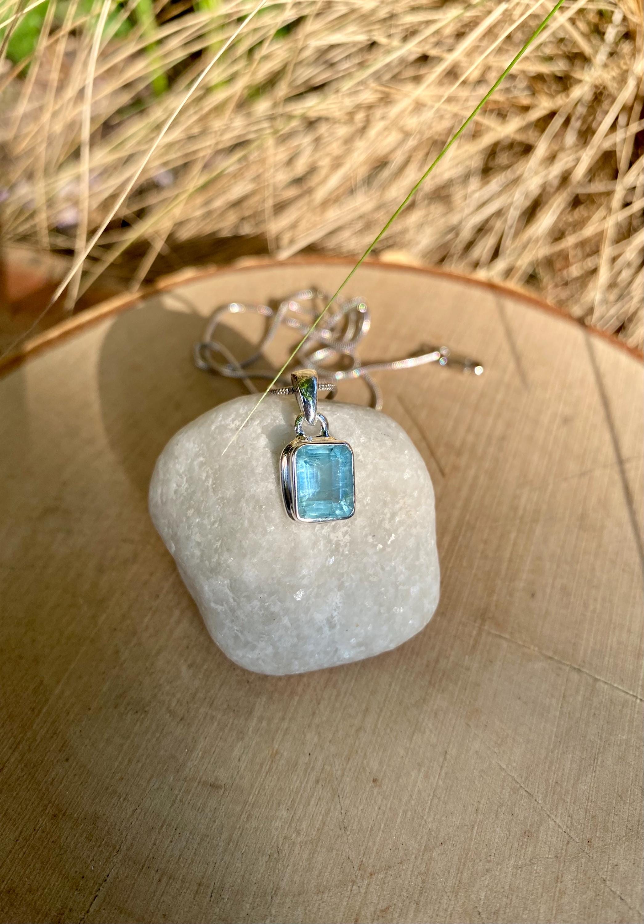 Emerald Cut Faceted Natural Aquamarine Sterling Silver Pendant