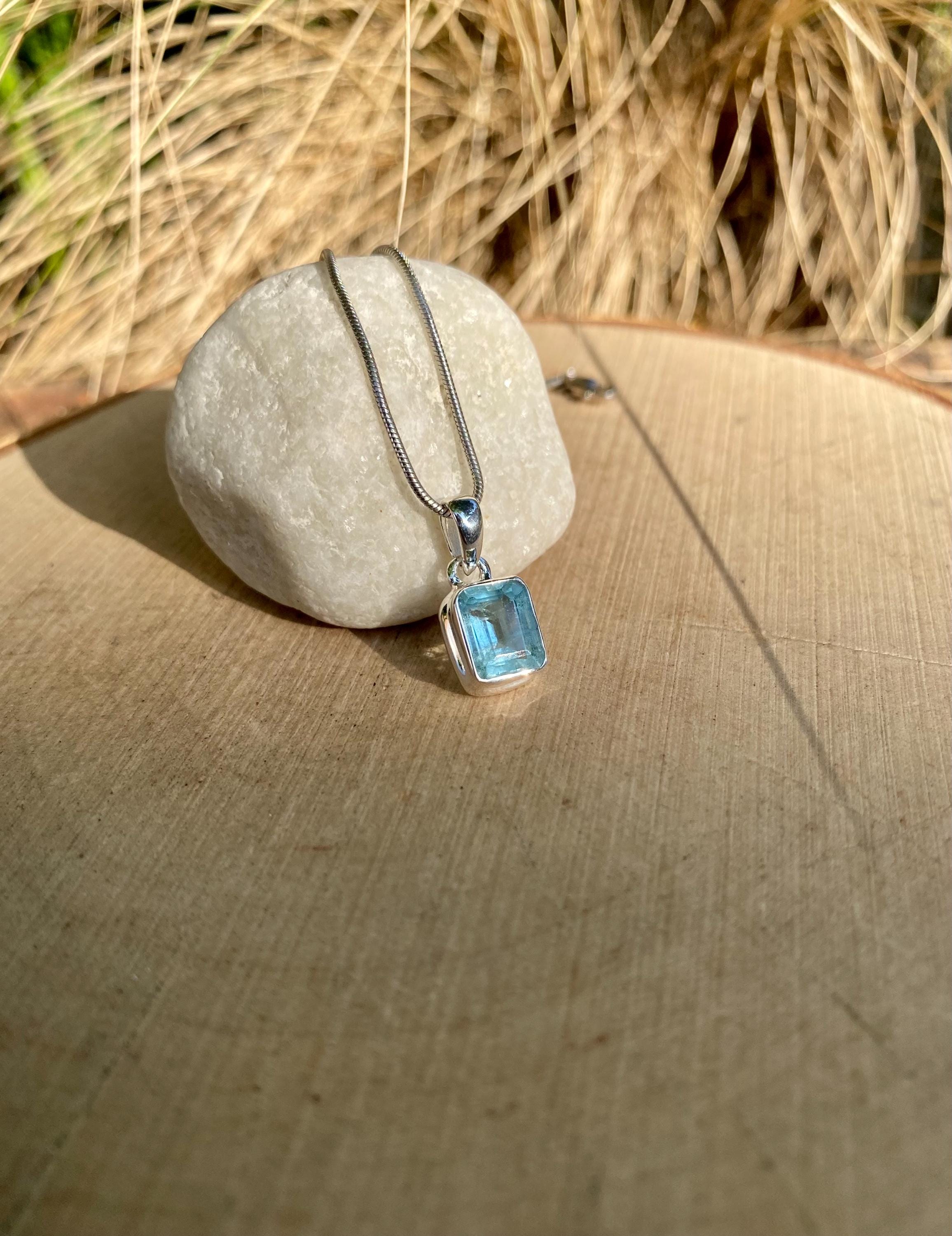 Emerald Cut Faceted Natural Aquamarine Sterling Silver Pendant