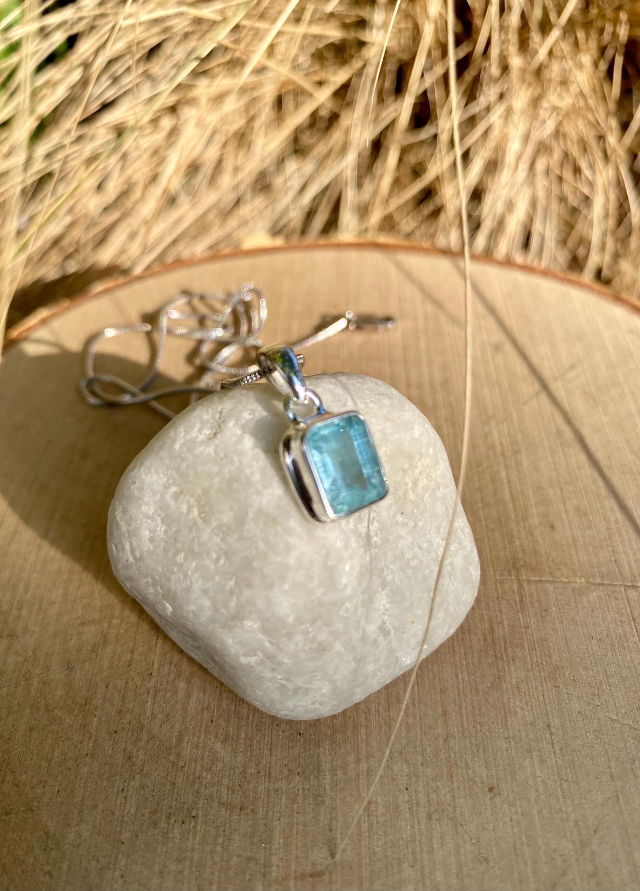 Emerald Cut Faceted Natural Aquamarine Sterling Silver Pendant