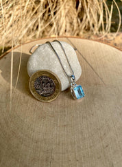 Emerald Cut Faceted Natural Aquamarine Sterling Silver Pendant