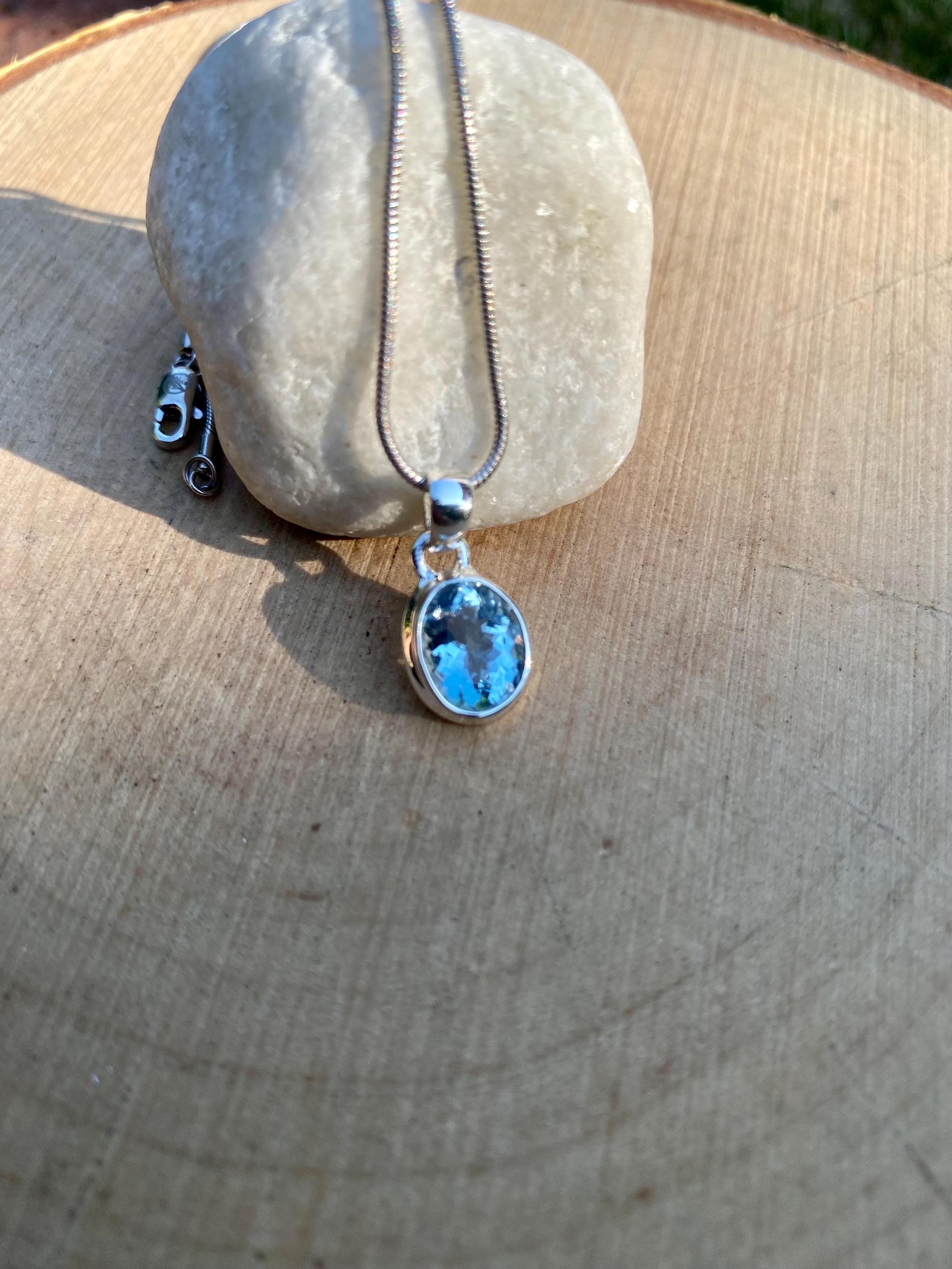 Oval Cut Faceted Natural Aquamarine Sterling Silver Pendant