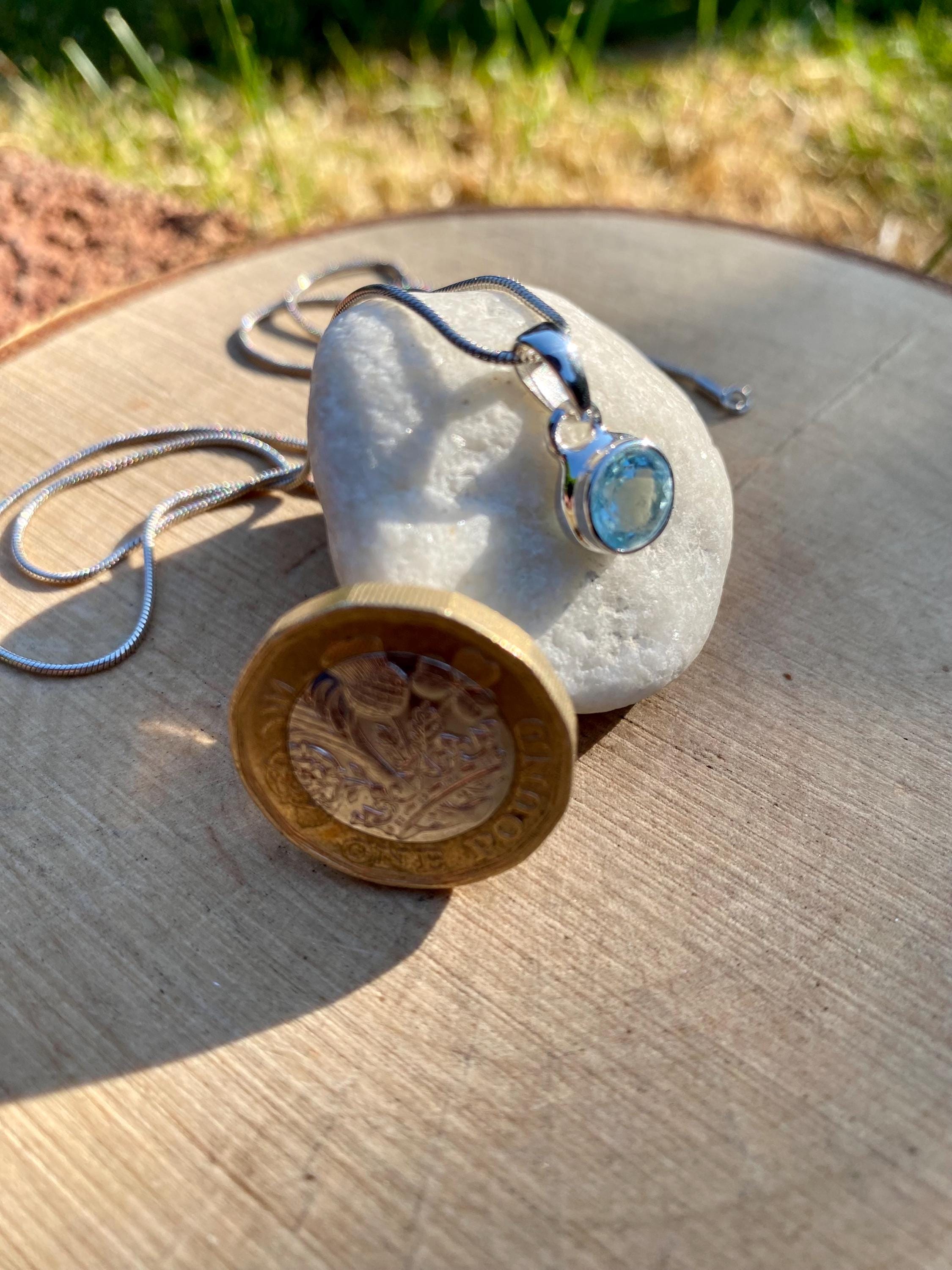Round Cut Faceted Natural Aquamarine Sterling Silver Pendant