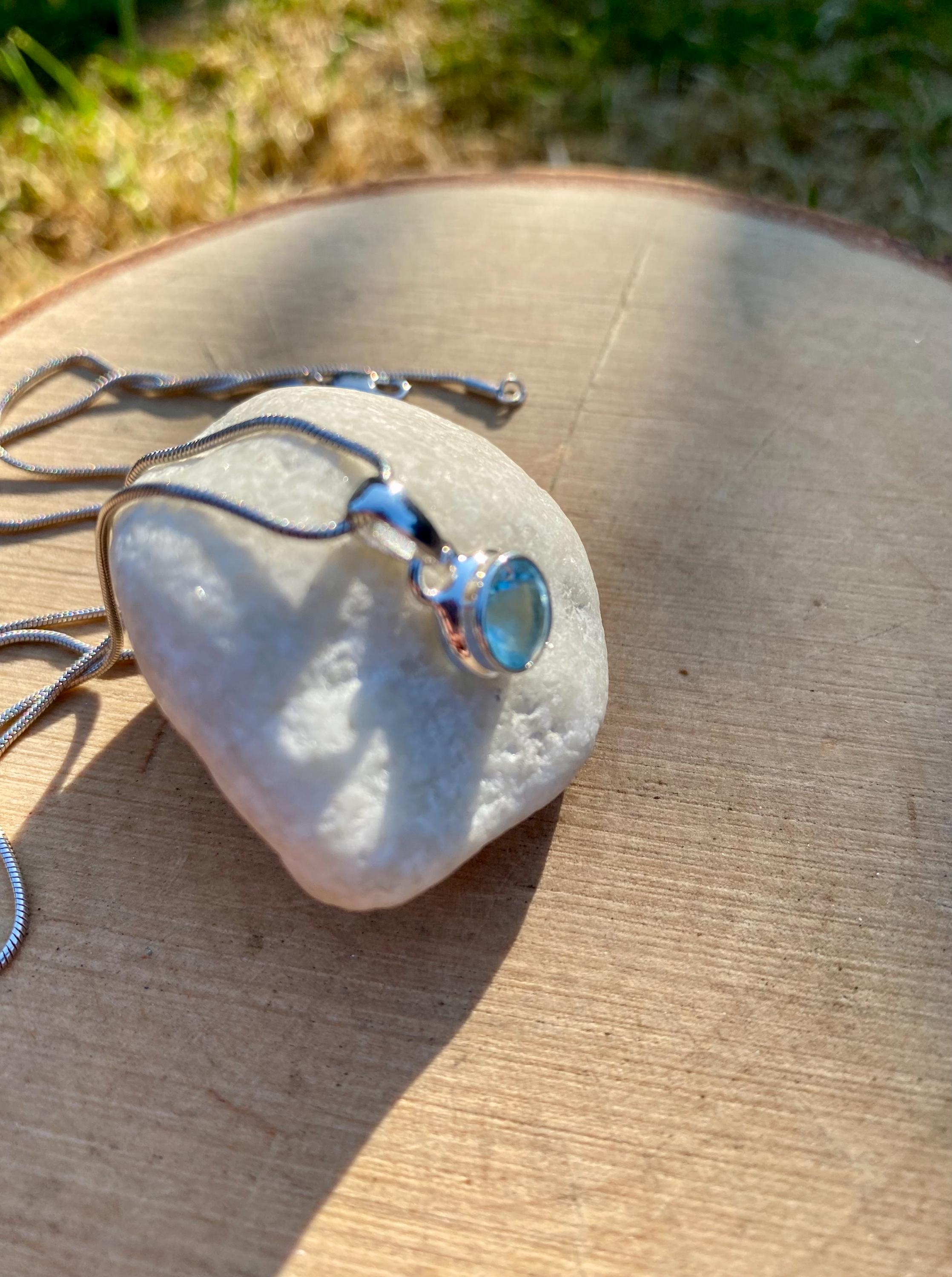 Round Cut Faceted Natural Aquamarine Sterling Silver Pendant