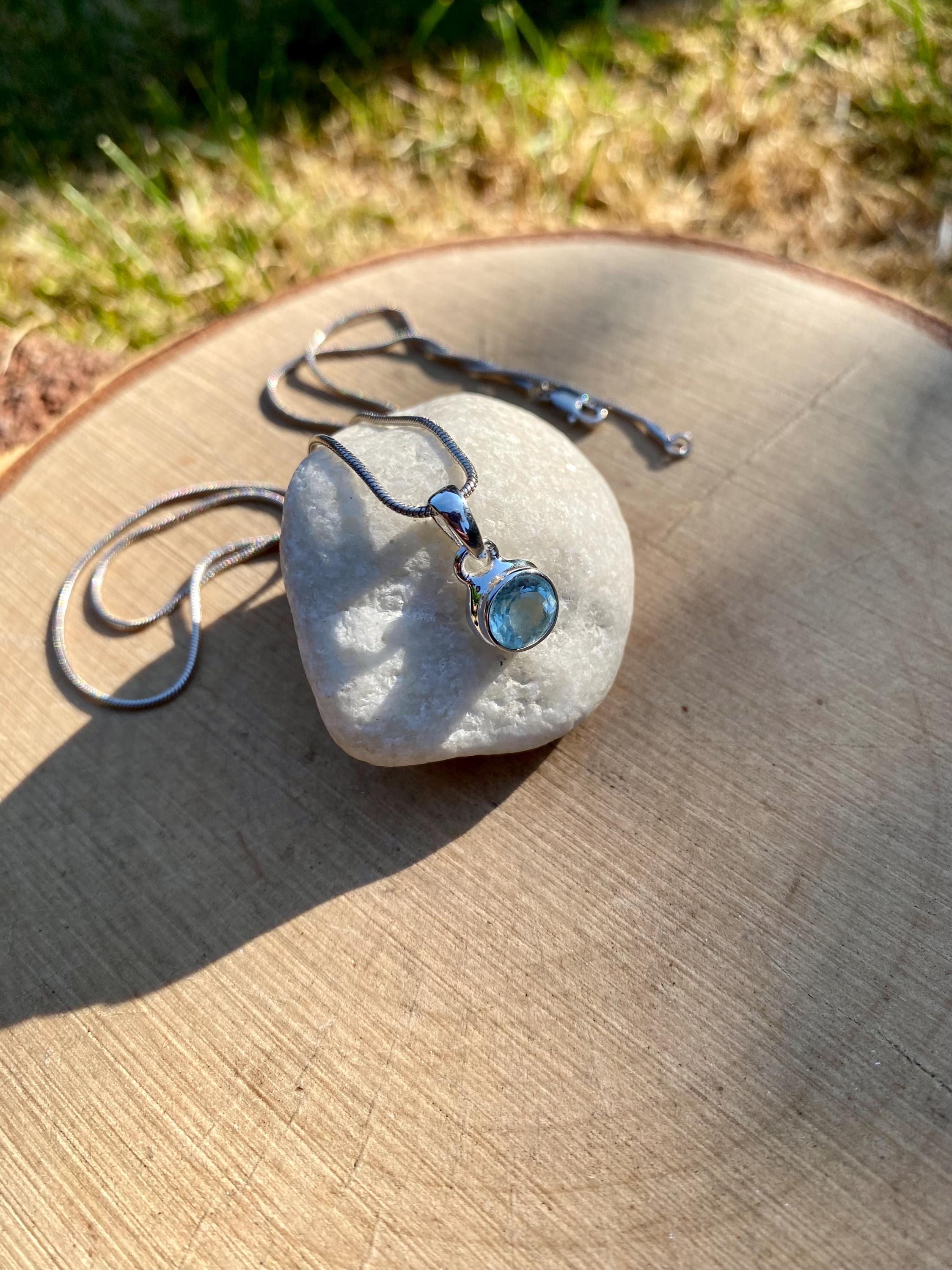 Round Cut Faceted Natural Aquamarine Sterling Silver Pendant