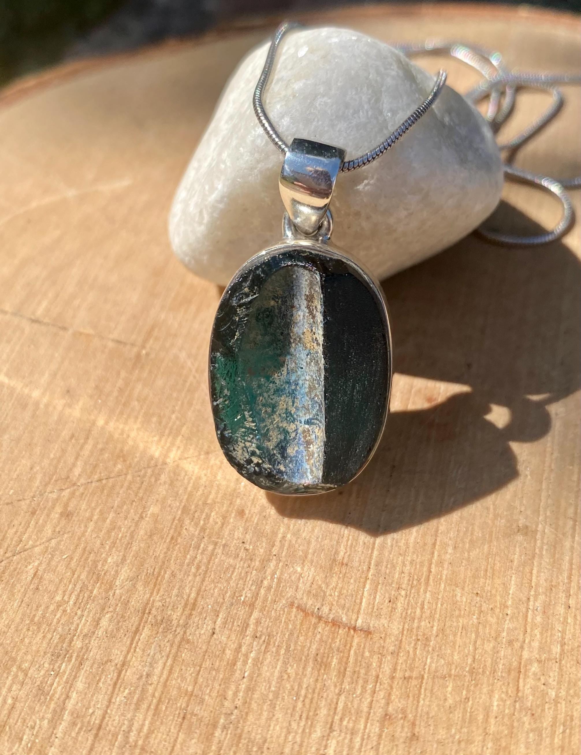 Oval Ancient Roman Glass Sterling Silver Pendant