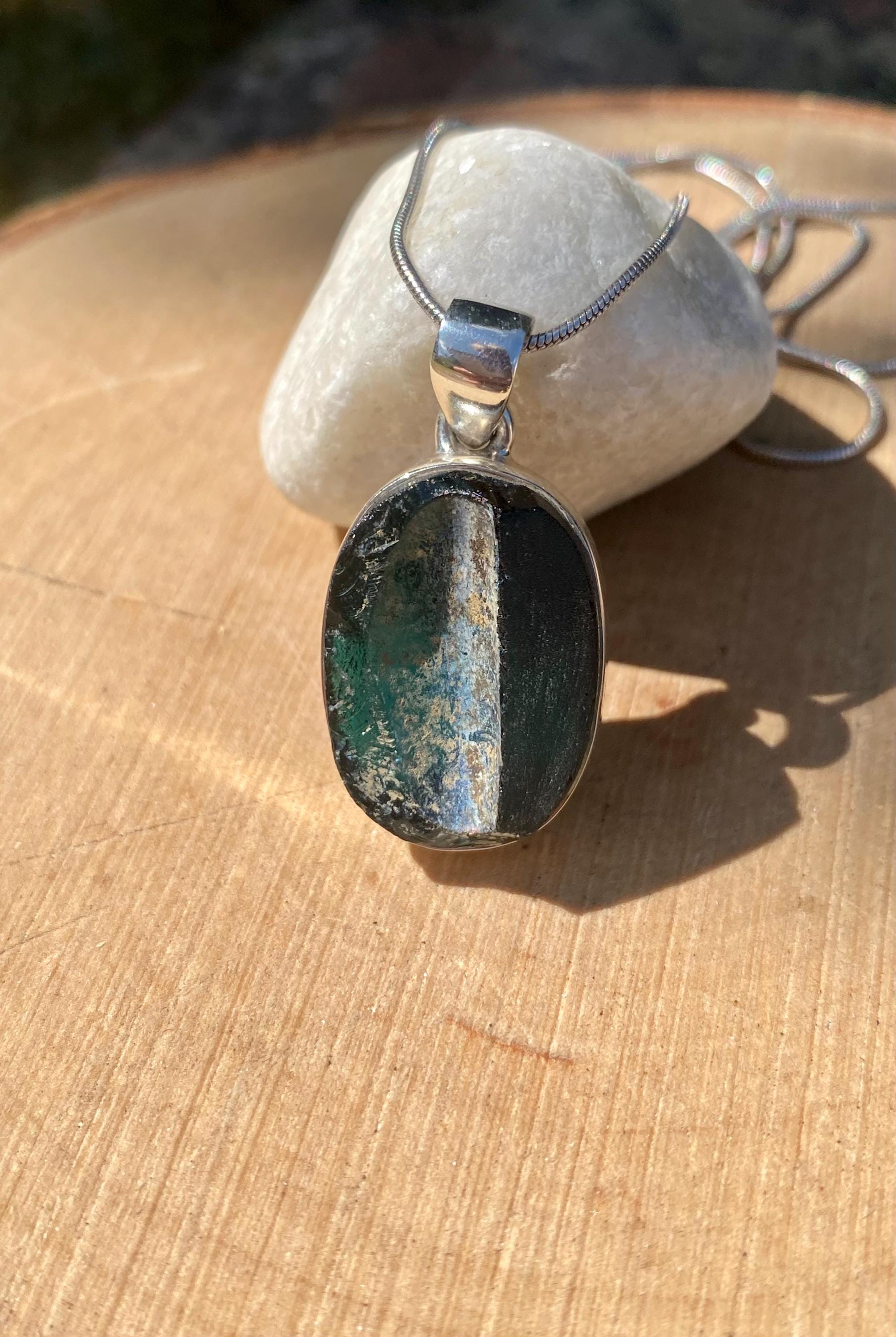 Oval Ancient Roman Glass Sterling Silver Pendant