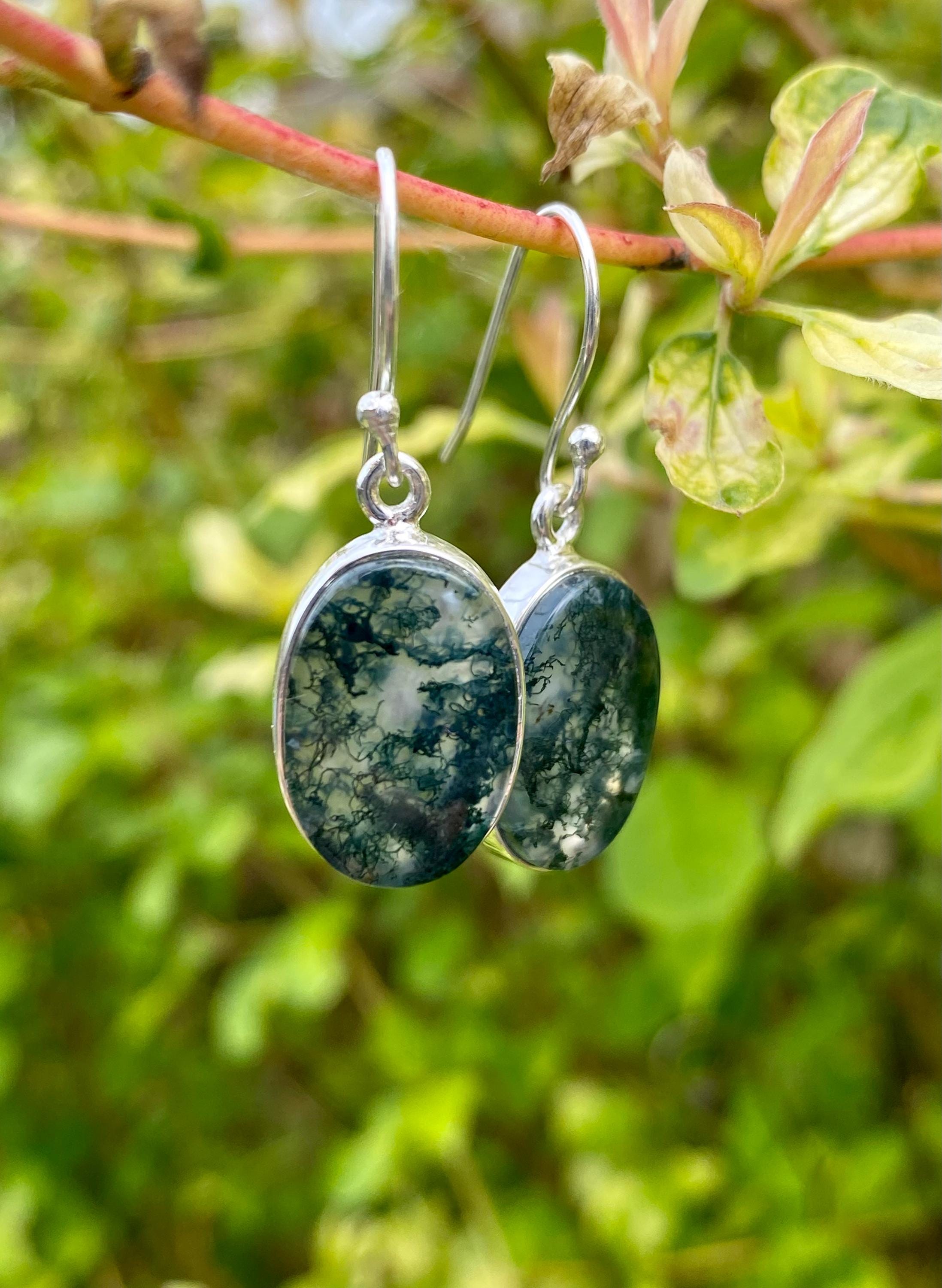 Moss Agate Silver Teardrop Earrings