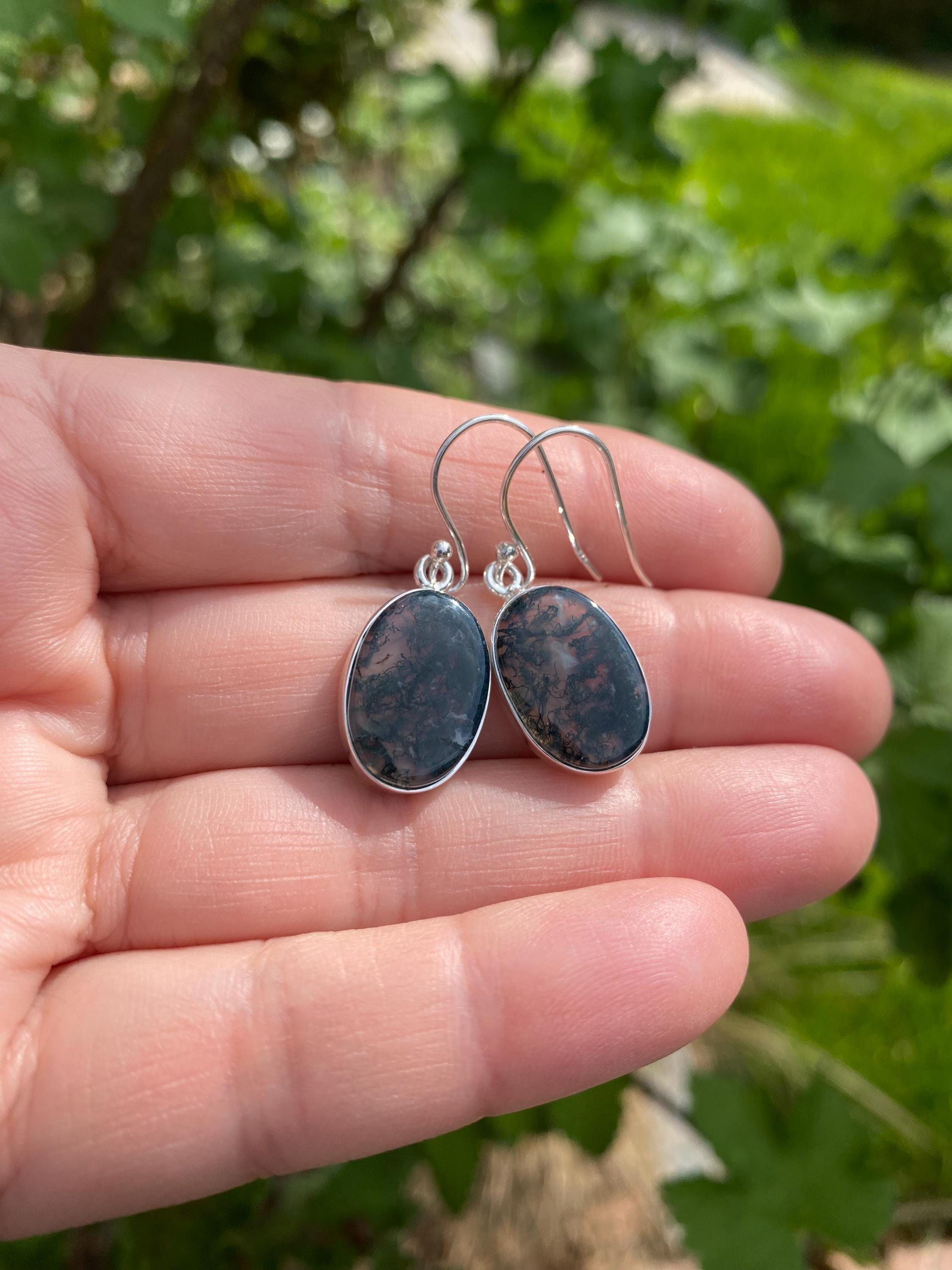 Moss Agate Silver Teardrop Earrings
