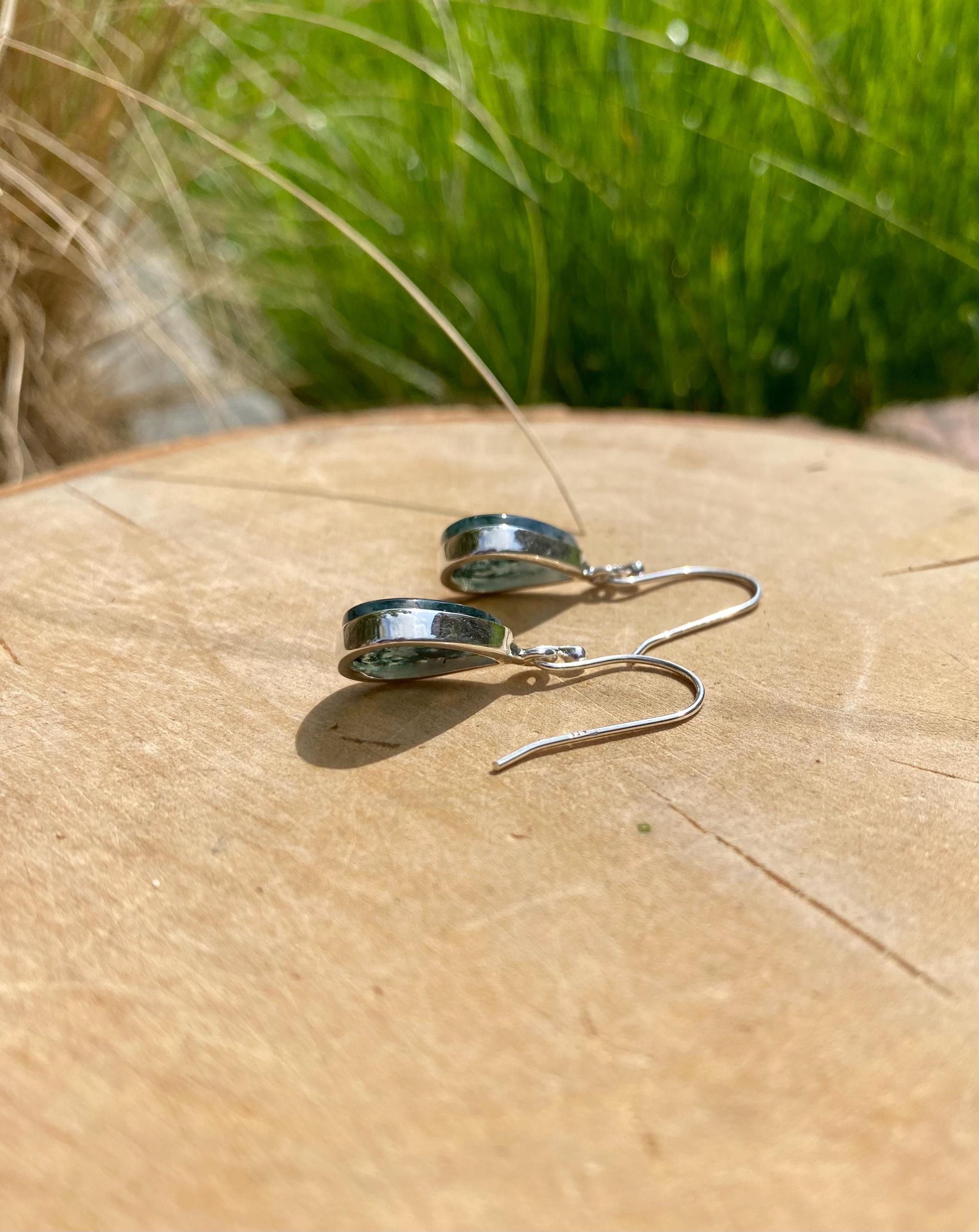 Moss Agate Silver Teardrop Earrings