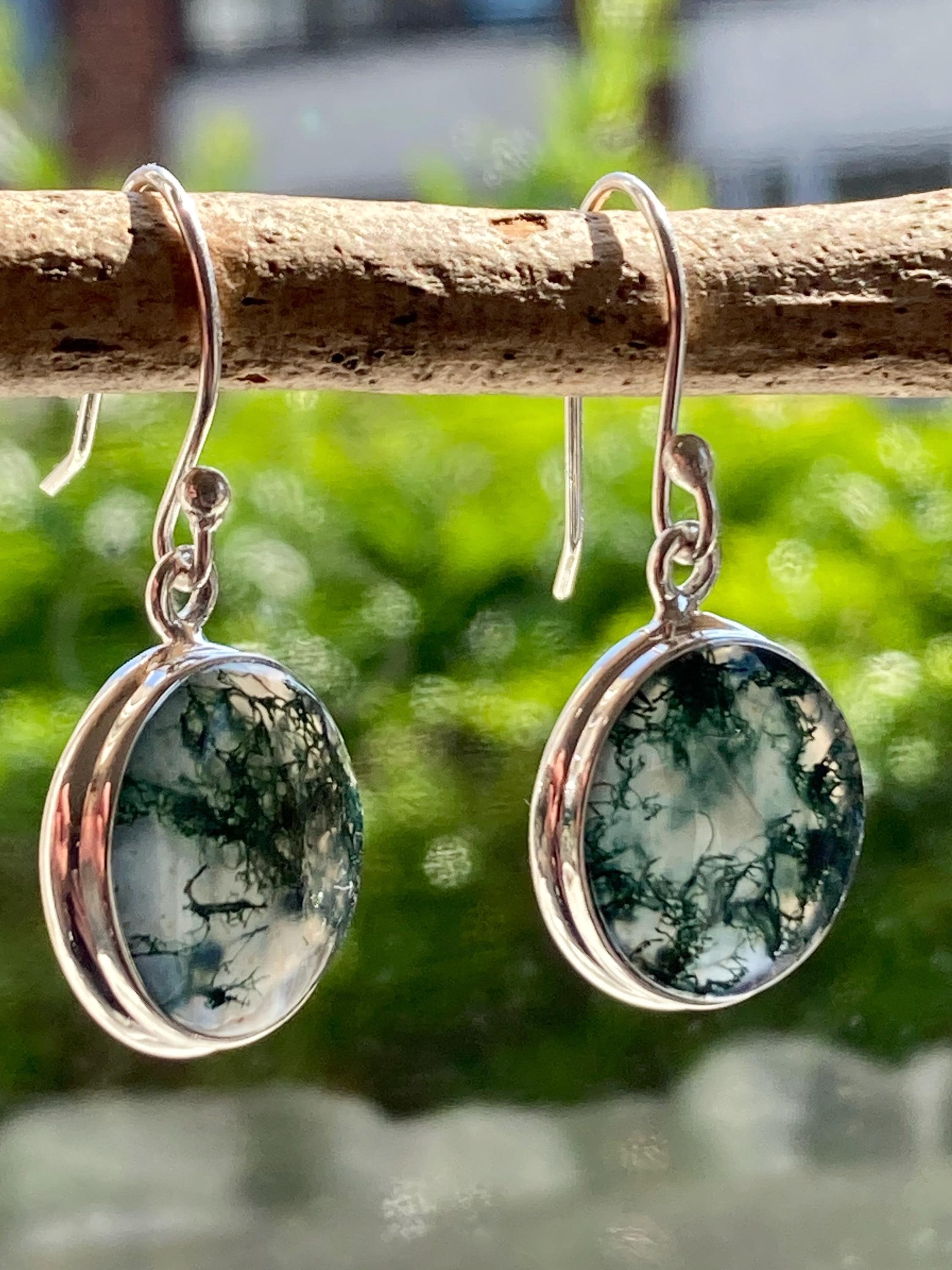 Moss Agate Sterling Silver Round Earrings