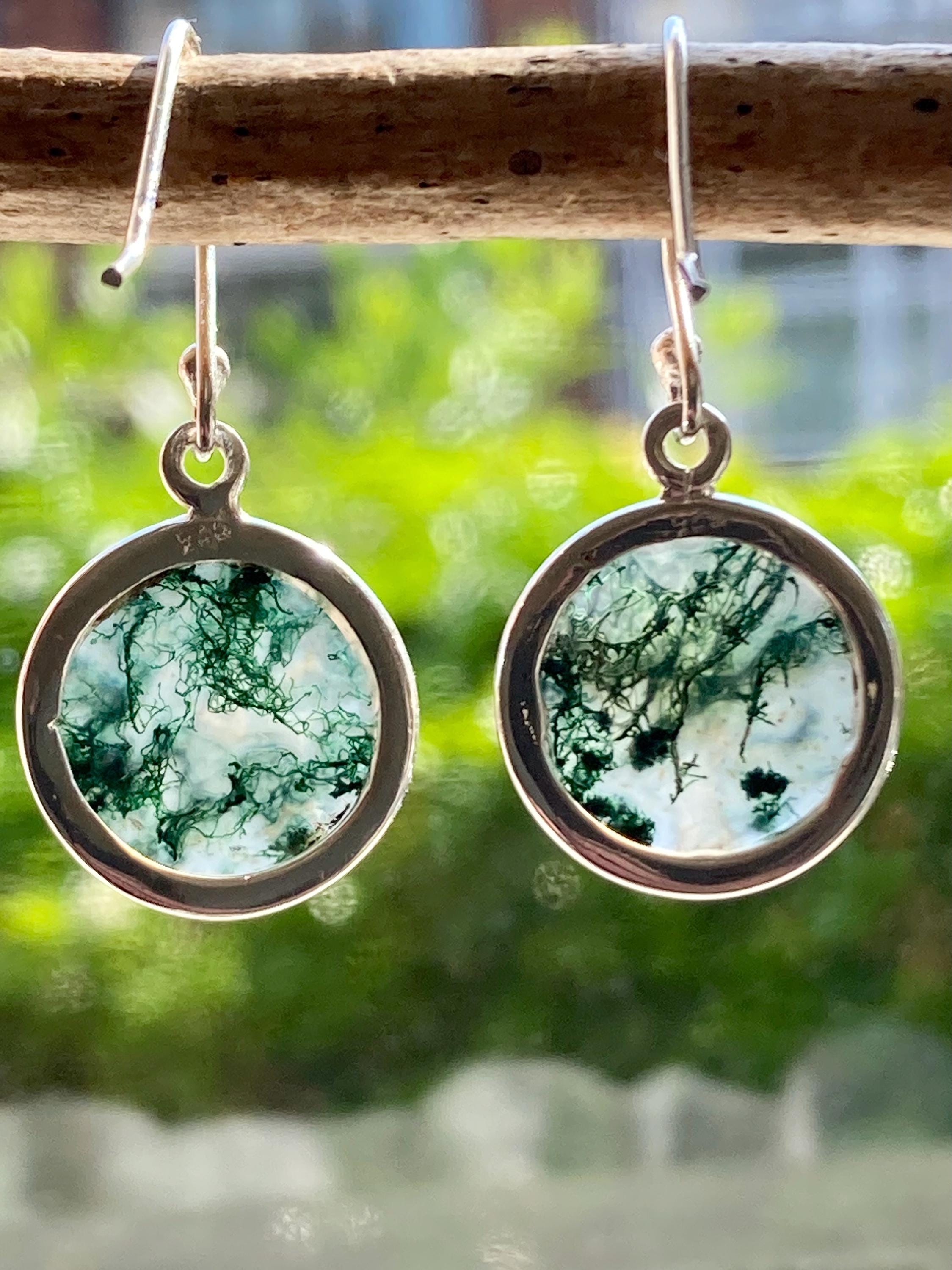 Moss Agate Sterling Silver Round Earrings