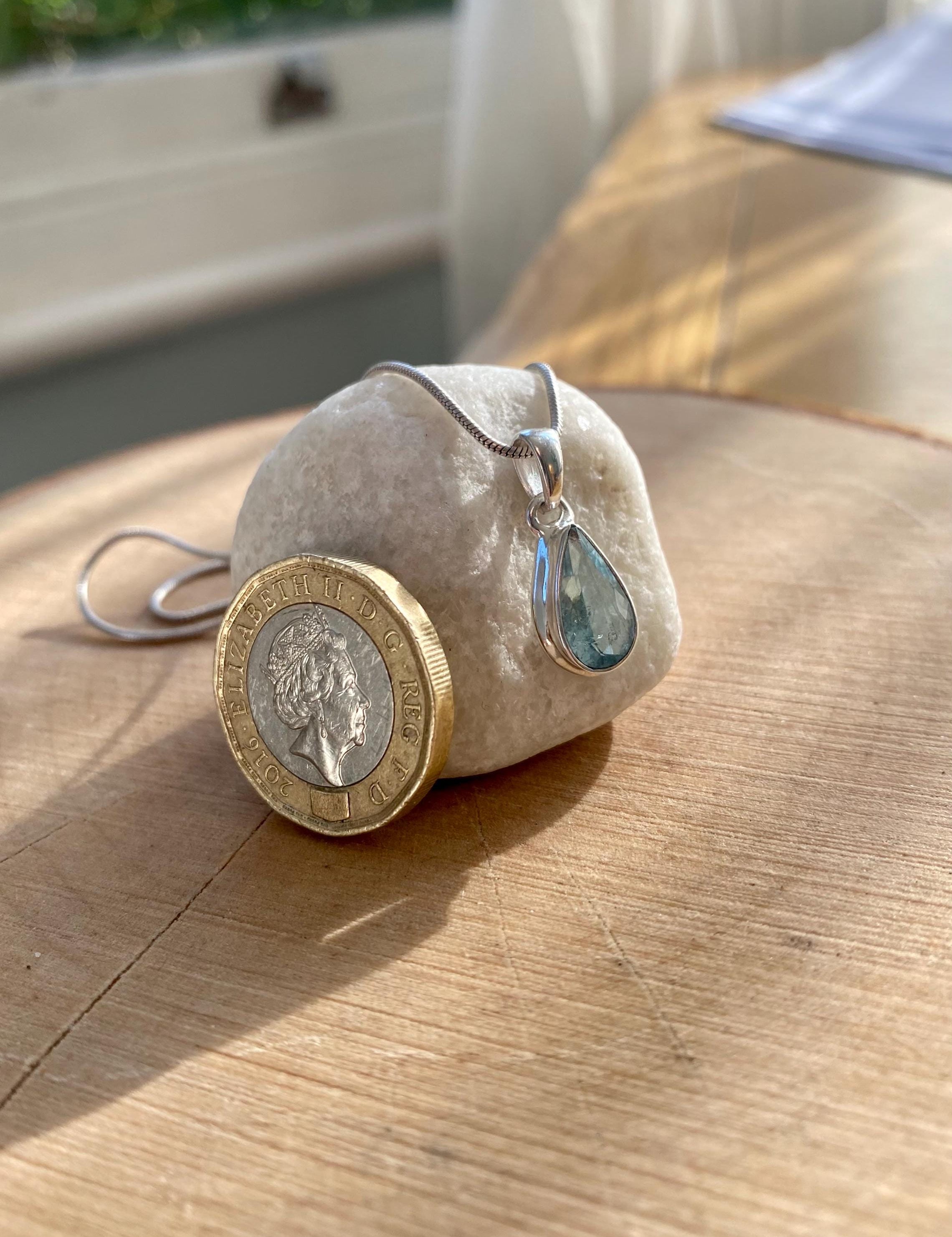 Pear Shaped Faceted Natural Aquamarine Sterling Silver Pendant