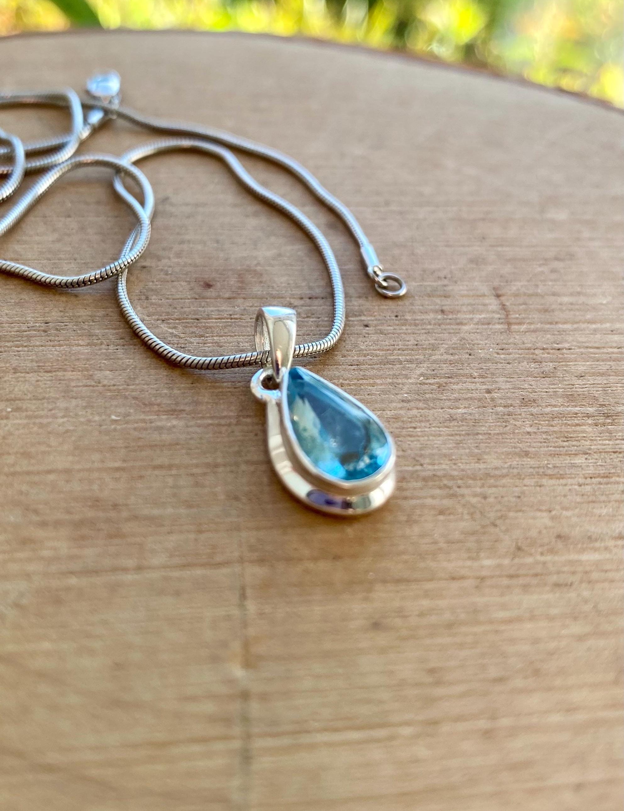 Pear Shaped Faceted Natural Aquamarine Sterling Silver Pendant