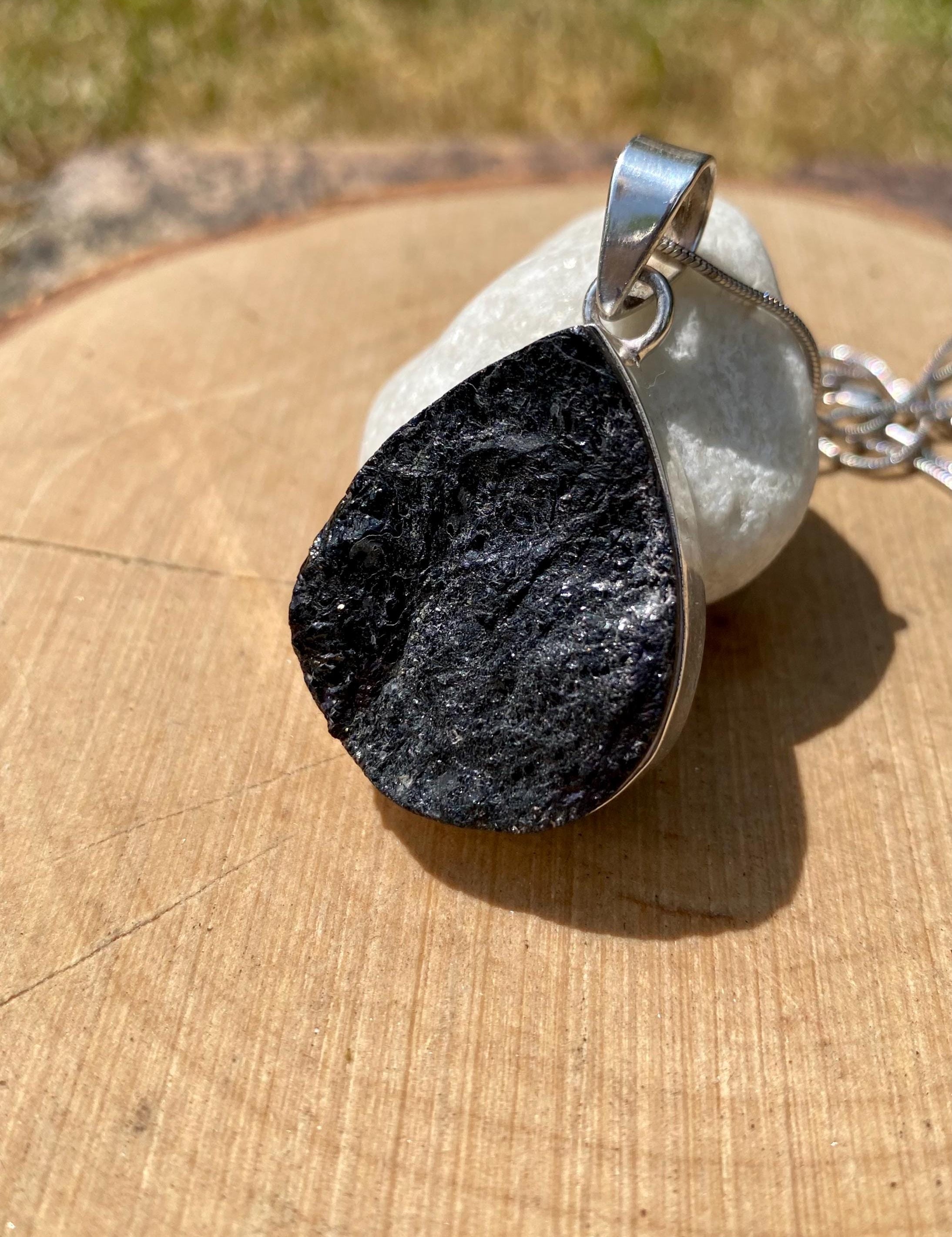 Raw Black Tourmaline Pendant, Teardrop 33mm x 27mm Sterling Silver, Handmade UK