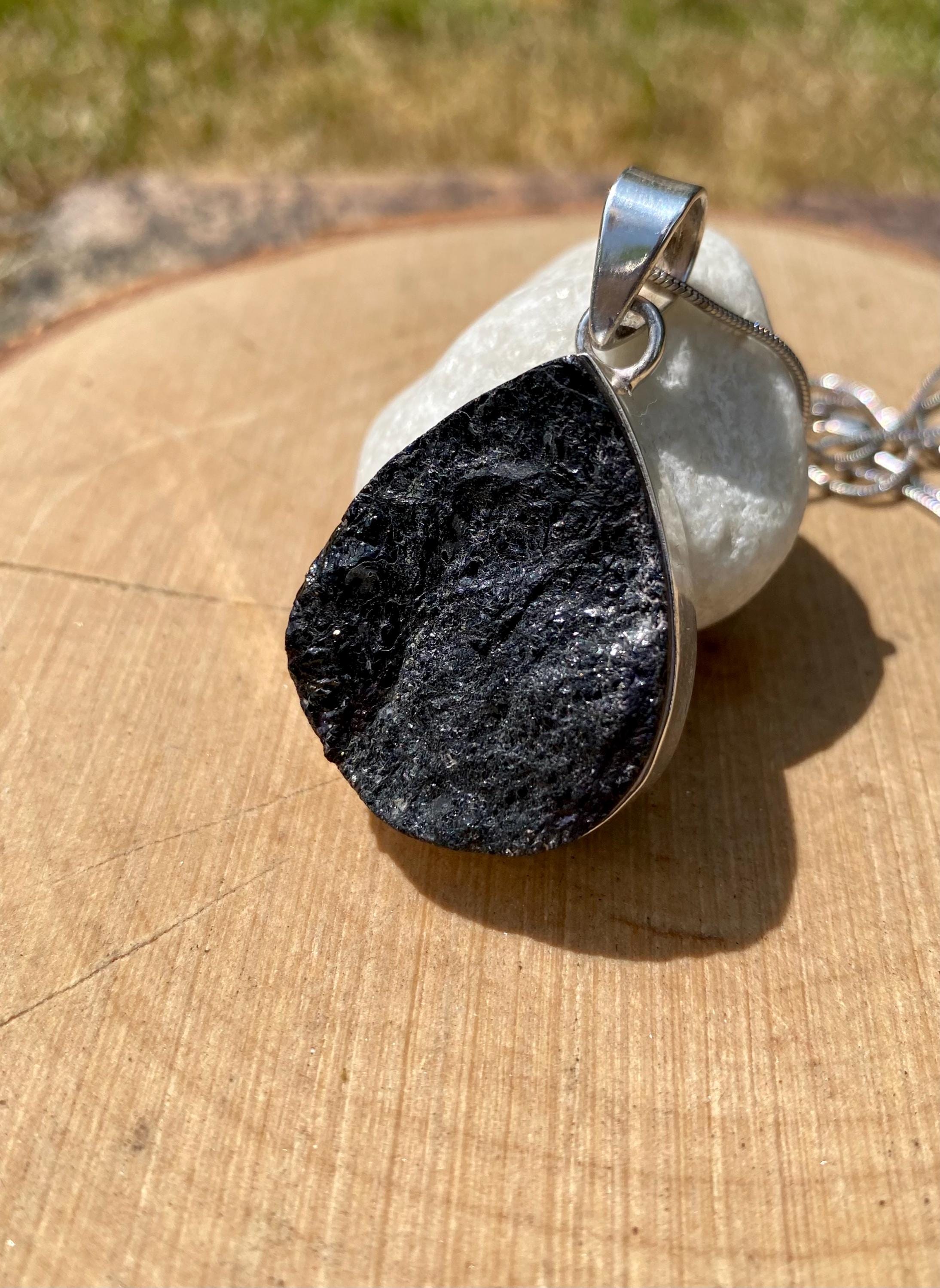 Raw Black Tourmaline Pendant, Teardrop 33mm x 27mm Sterling Silver, Handmade UK