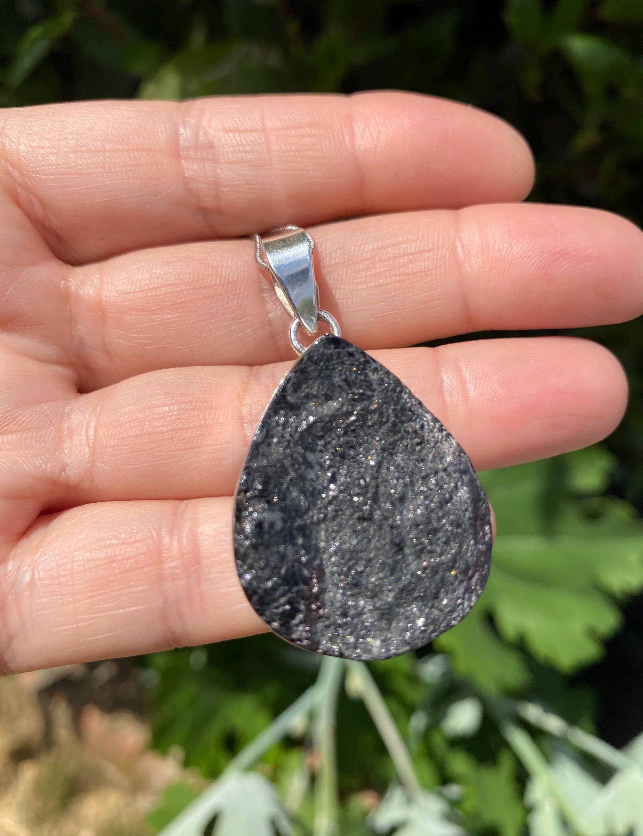 Raw Black Tourmaline Pendant, Teardrop 33mm x 27mm Sterling Silver, Handmade UK