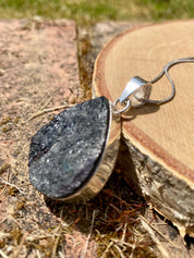 Raw Black Tourmaline Pendant, Teardrop 33mm x 27mm Sterling Silver, Handmade UK