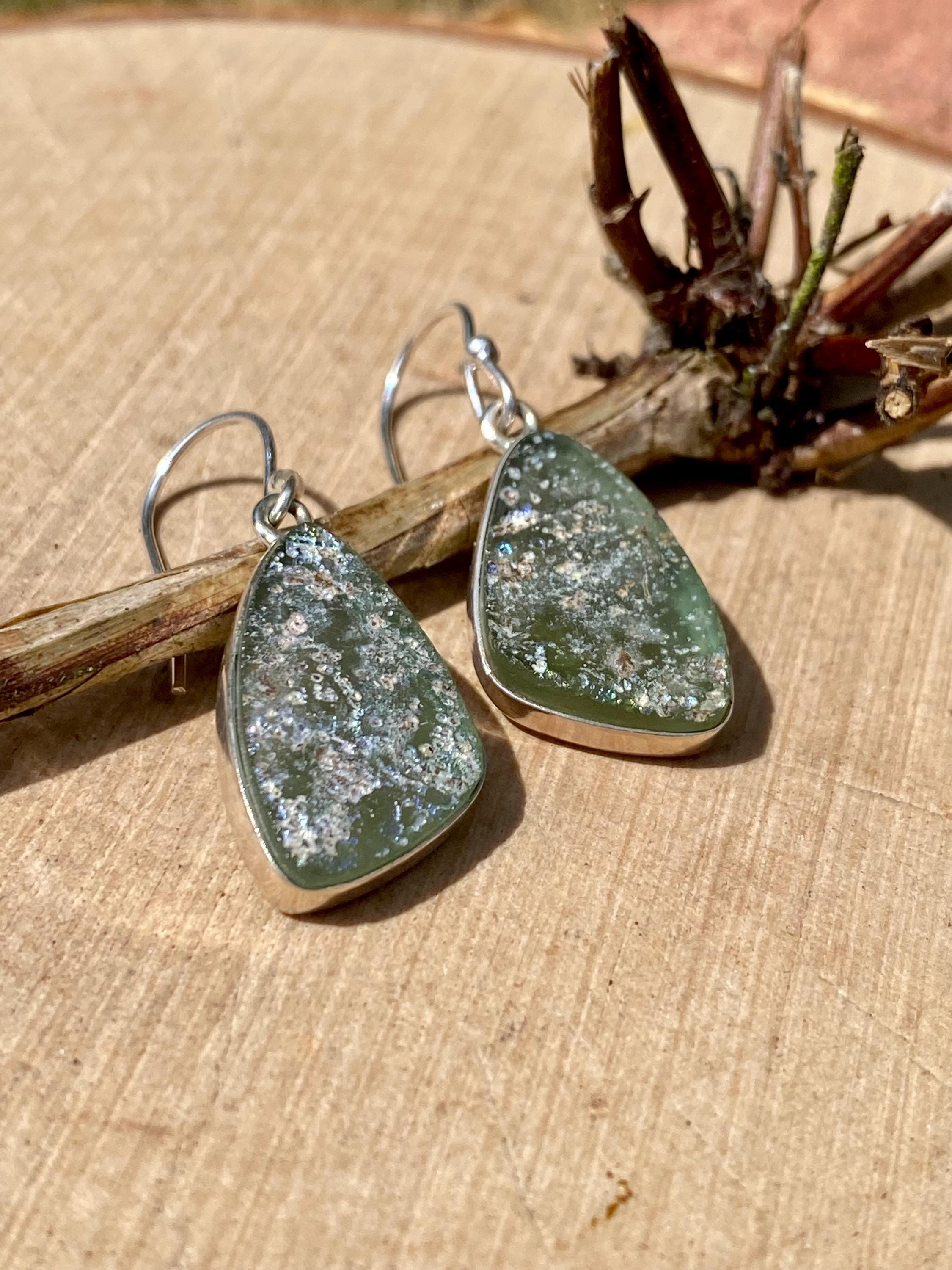 Ancient Roman Glass Dangle Earrings, 20mm x 13mm Pear Cut Sterling Silver, Handmade UK