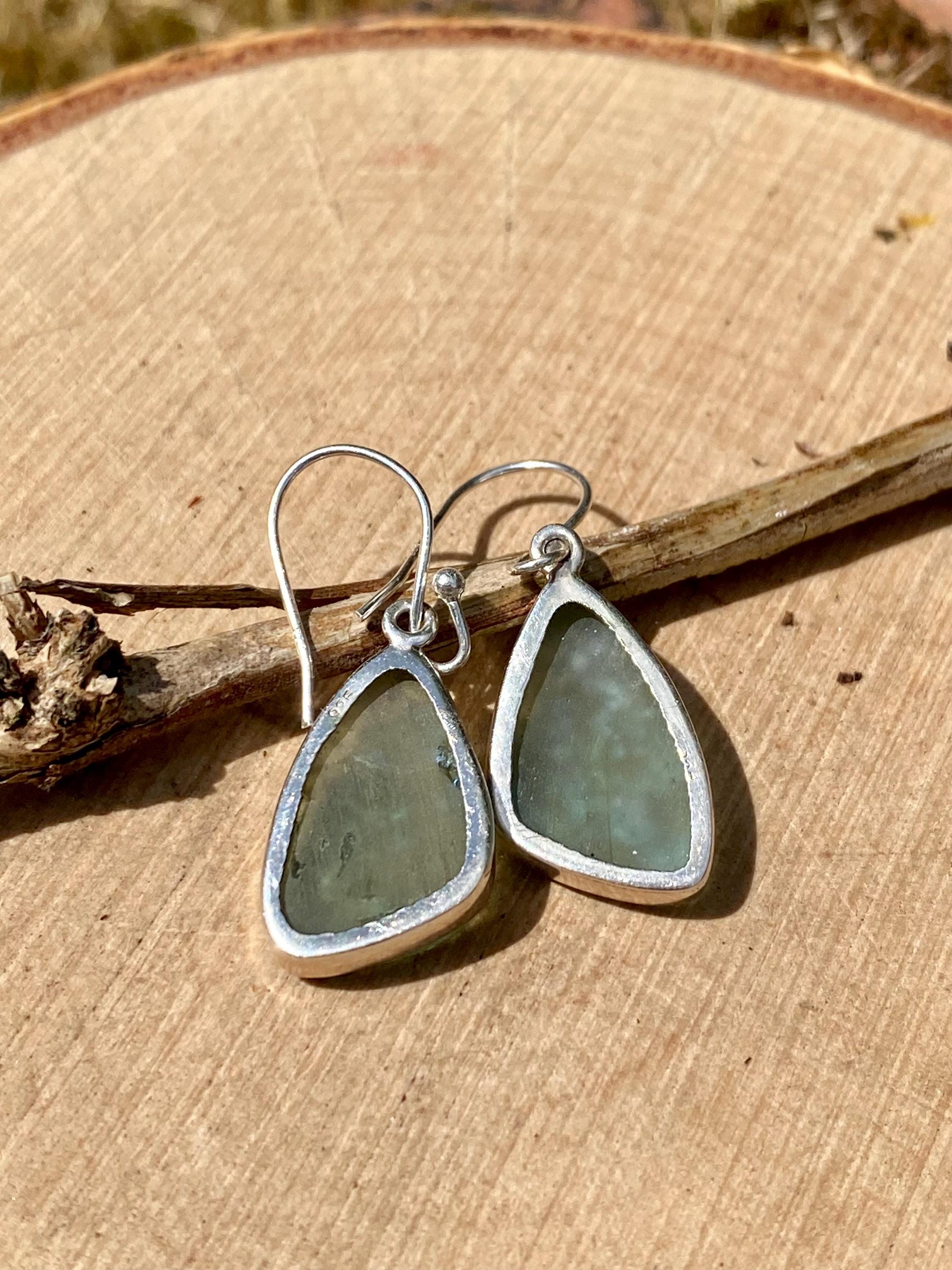 Ancient Roman Glass Dangle Earrings, 20mm x 13mm Pear Cut Sterling Silver, Handmade UK