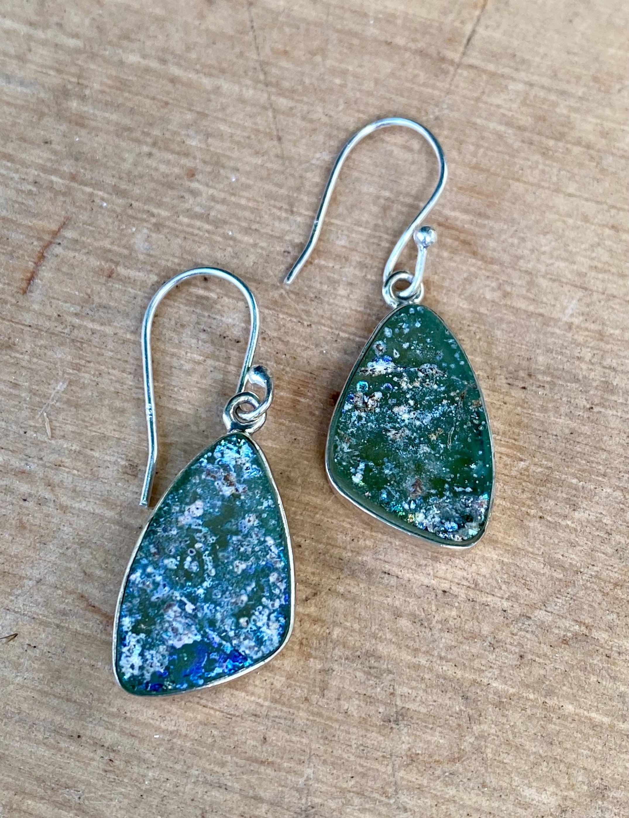 Ancient Roman Glass Dangle Earrings, 20mm x 13mm Pear Cut Sterling Silver, Handmade UK