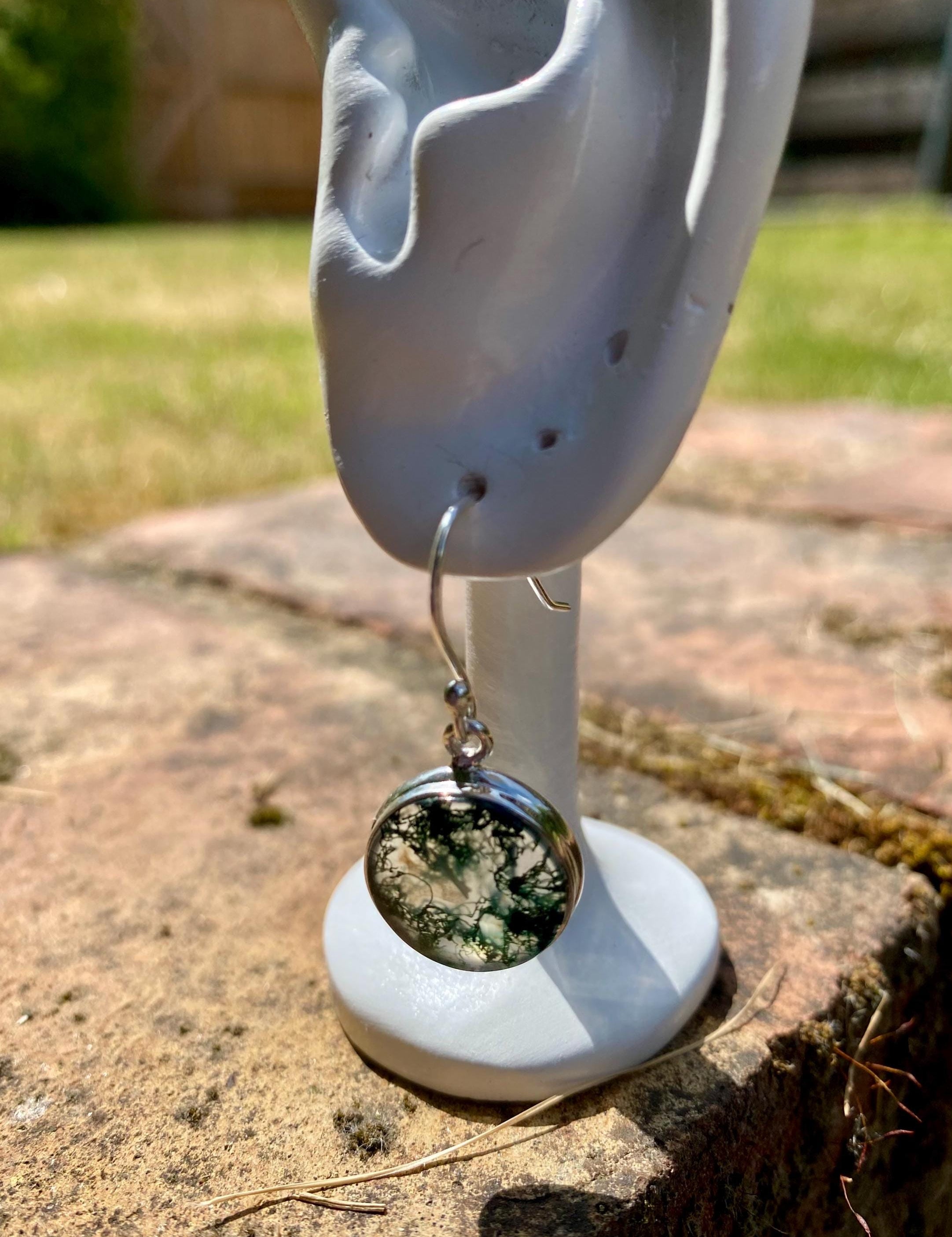 Moss Agate Sterling Silver Round Earrings