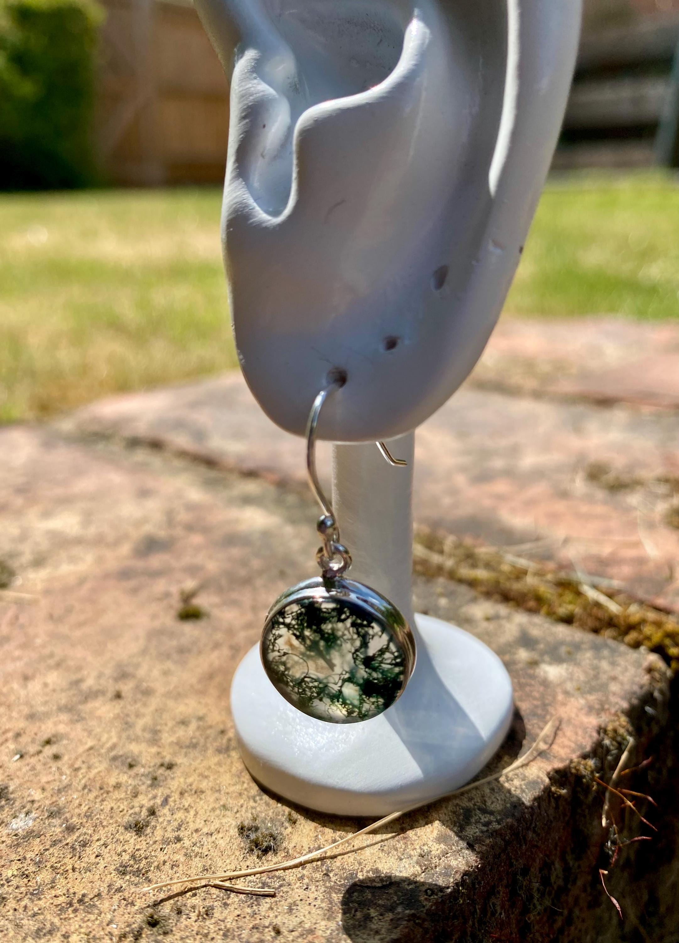 Moss Agate Sterling Silver Round Earrings
