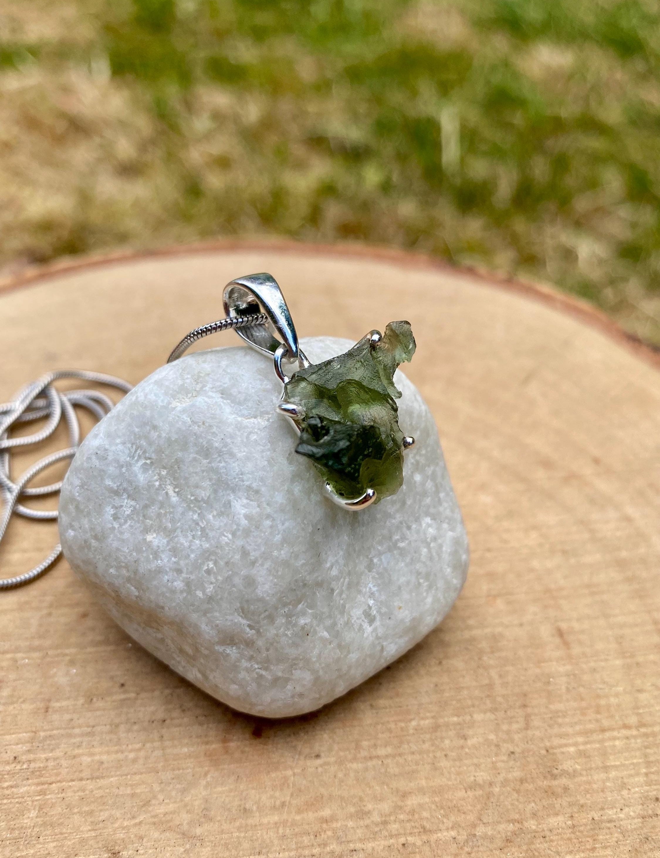 Hexagon Cut Natural MOLDAVITE Sterling Silver Pendant