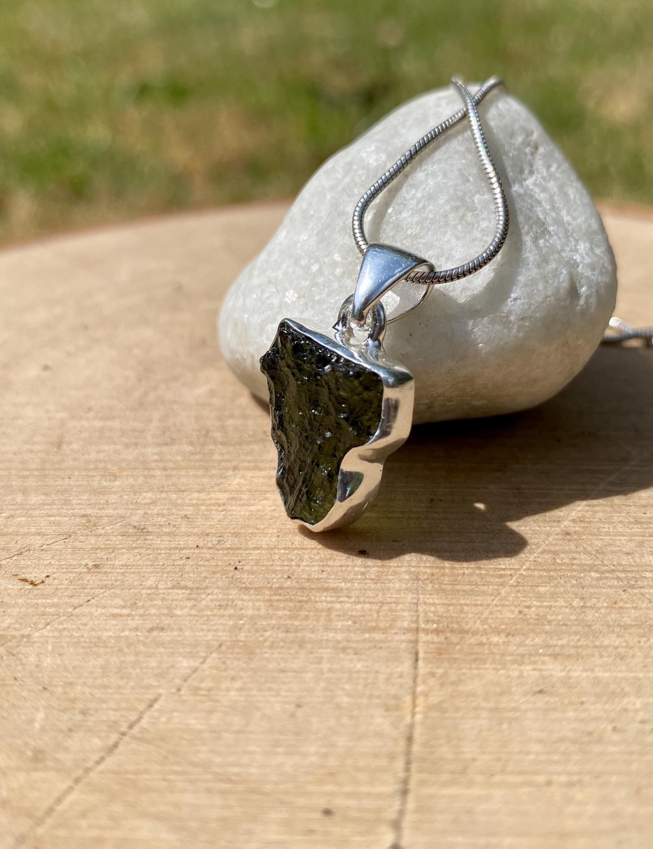 Hexagon Cut Natural MOLDAVITE Sterling Silver Pendant