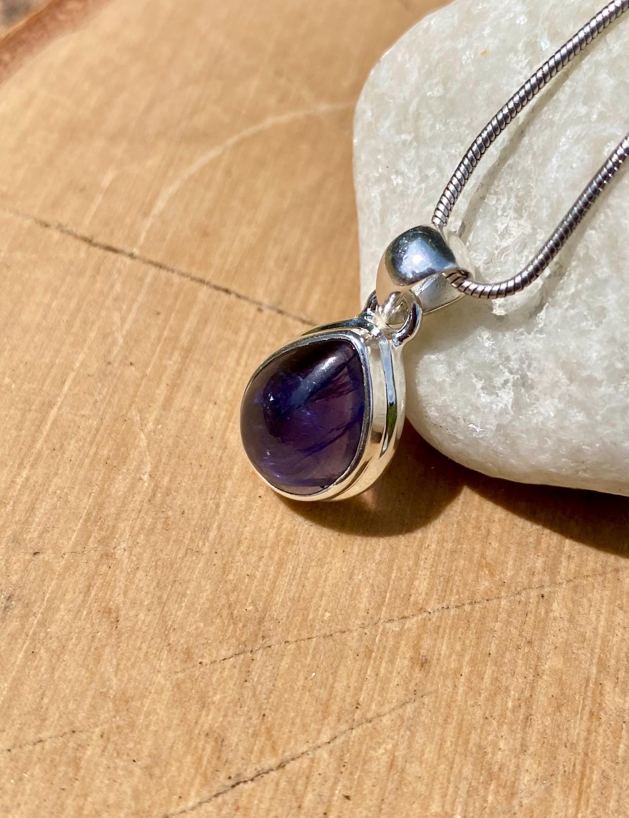 Natural Teardrop Iolite Lolite Sterling Silver Pendant