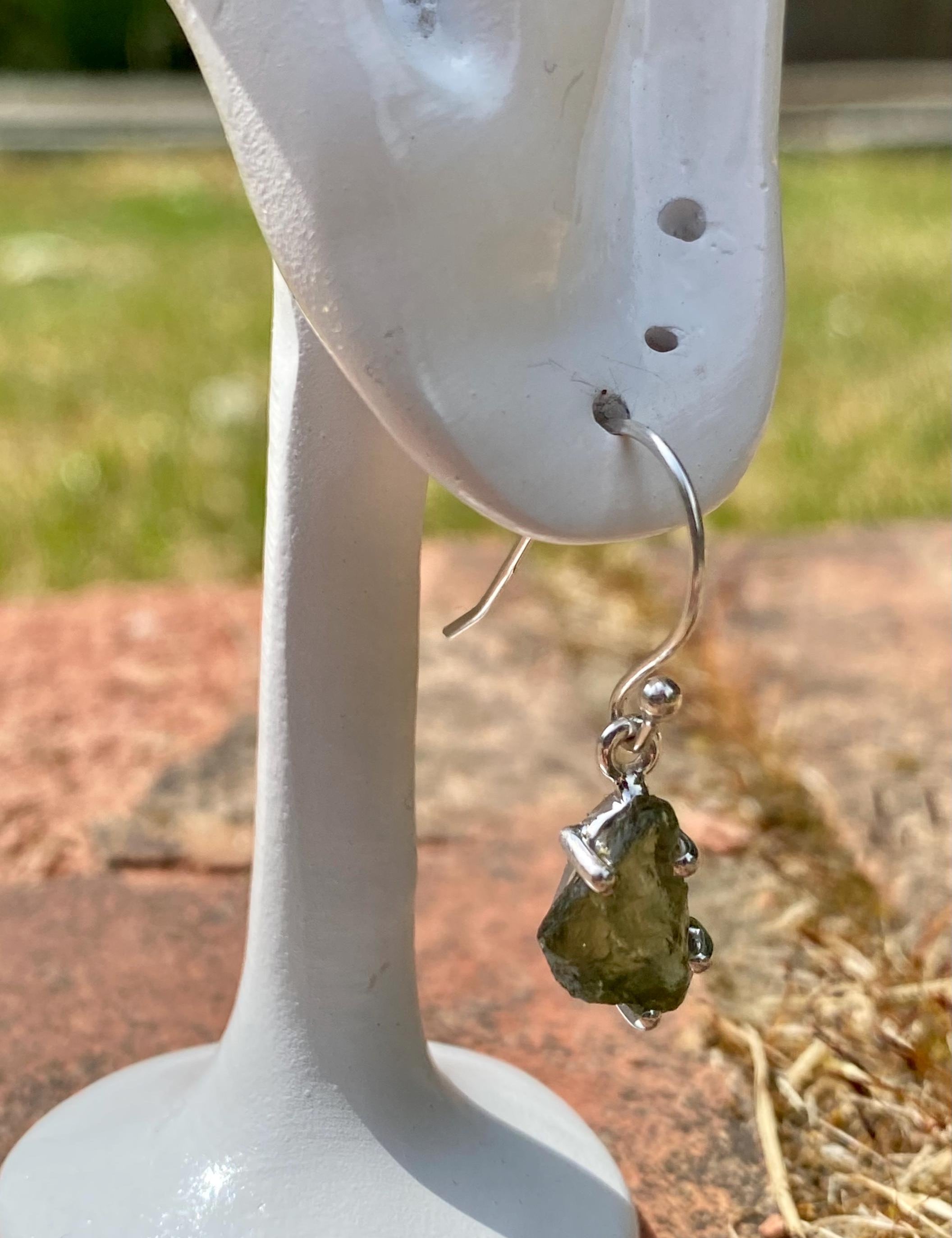 Hexagon cut Natural Raw Moldavite Sterling Silver Dangle Earrings