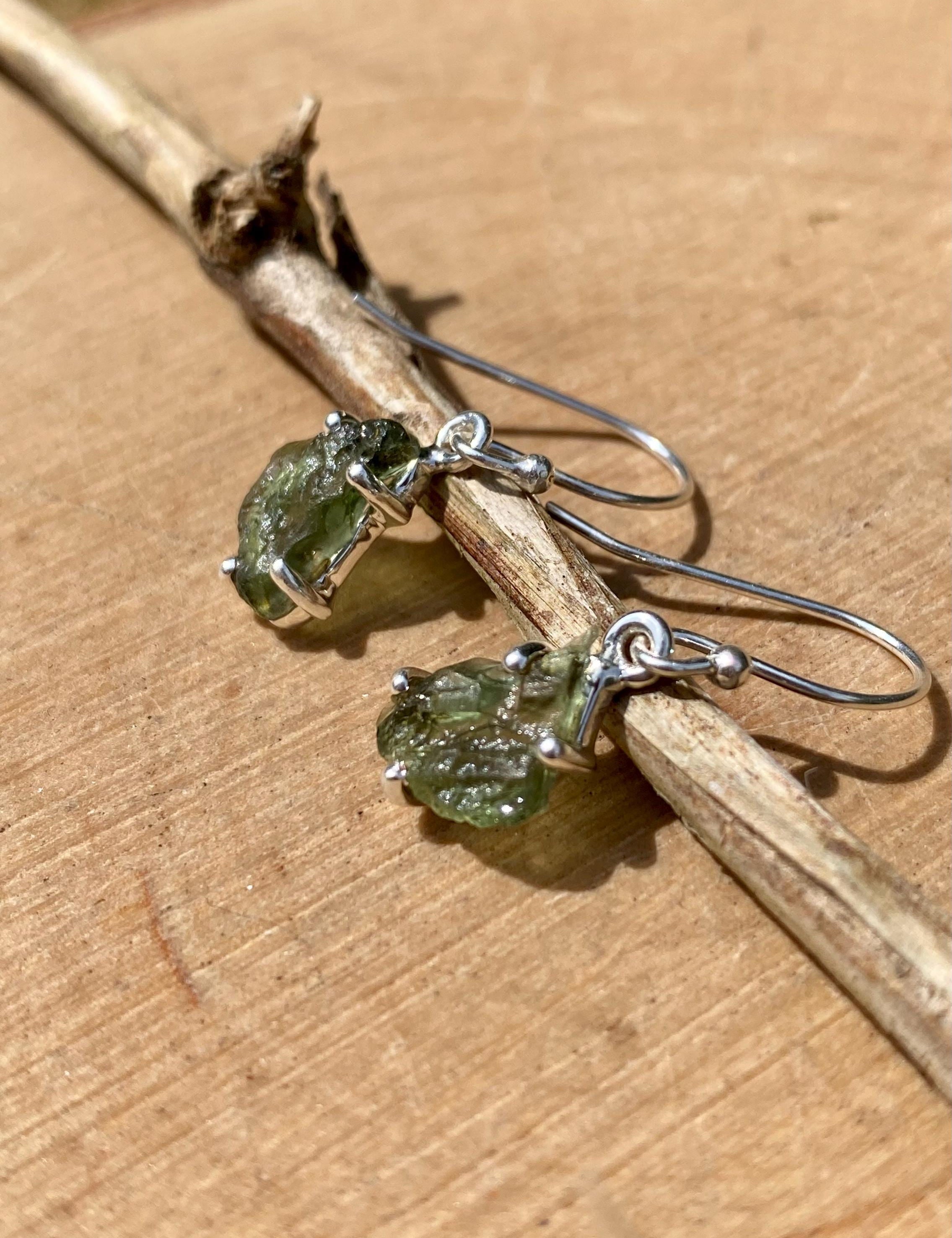 Hexagon cut Natural Raw Moldavite Sterling Silver Dangle Earrings