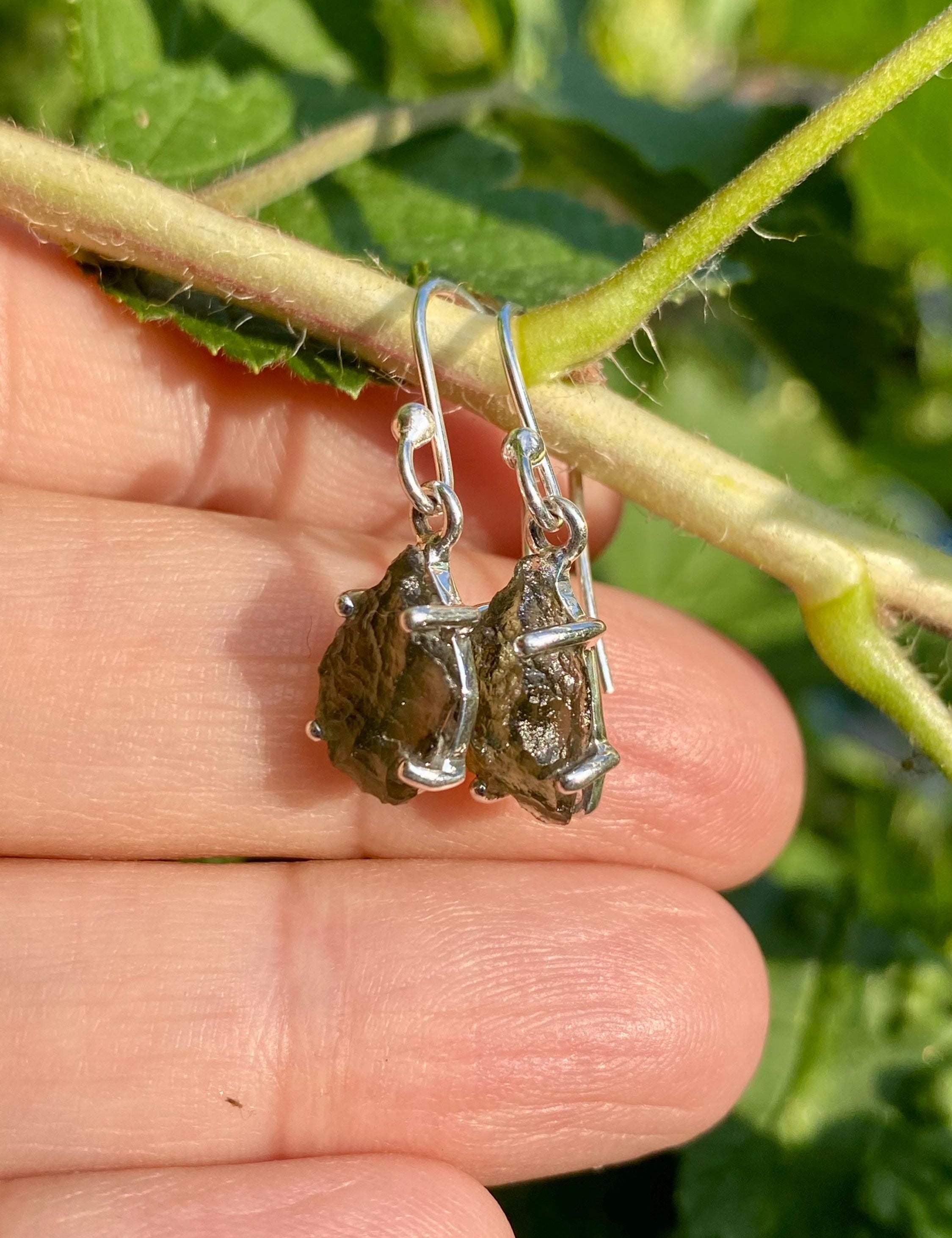 Hexagon cut Natural Raw Moldavite Sterling Silver Dangle Earrings