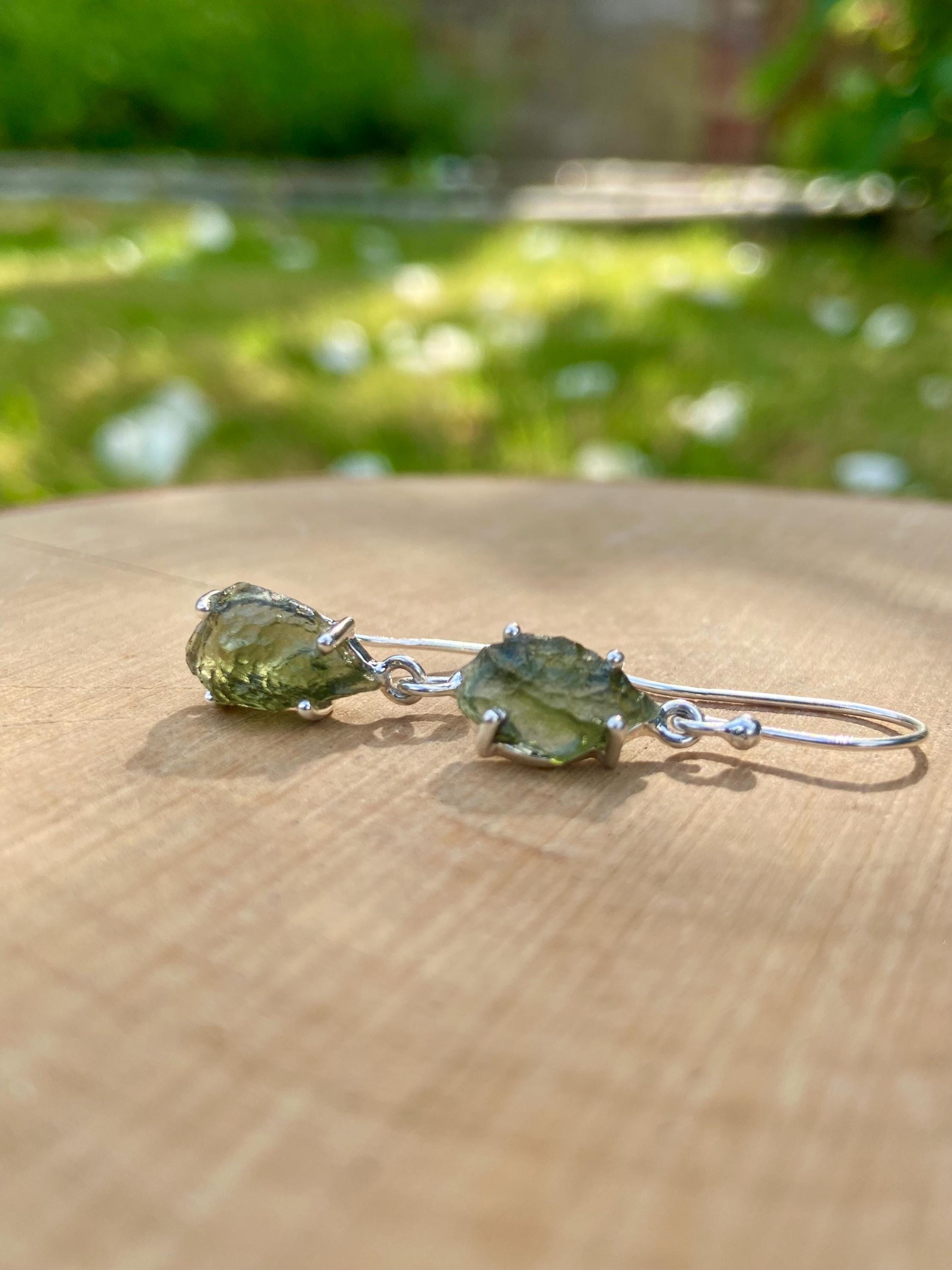 Natural Raw Moldavite Dangle Earrings Uncut Sterling Silver