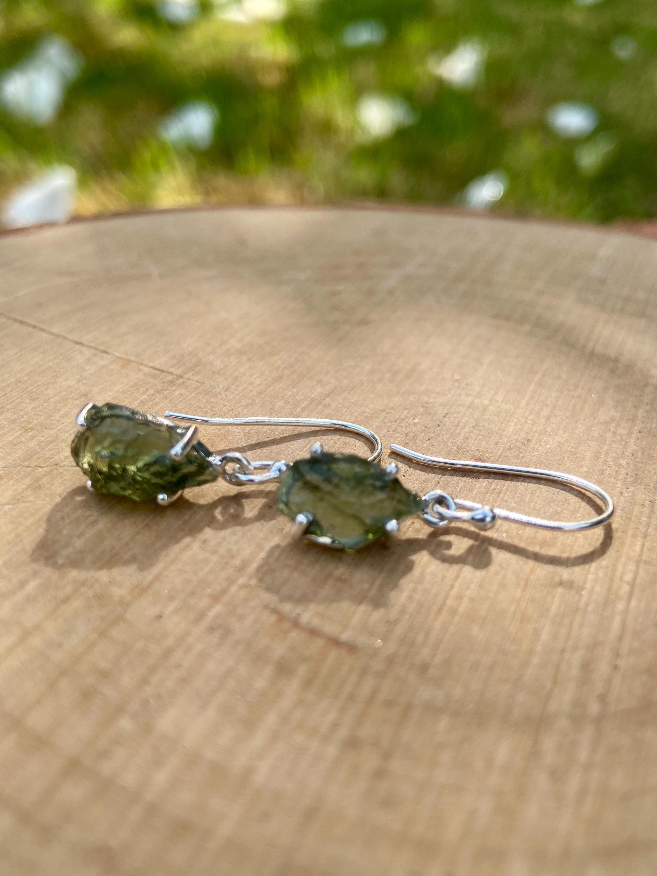 Natural Raw Moldavite Dangle Earrings Uncut Sterling Silver