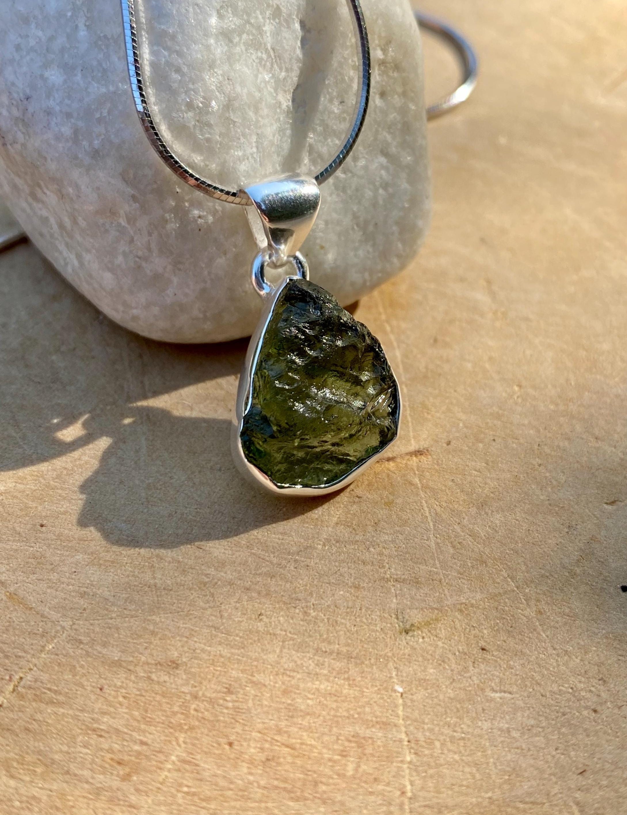 Natural MOLDAVITE and Sterling Silver Pendant
