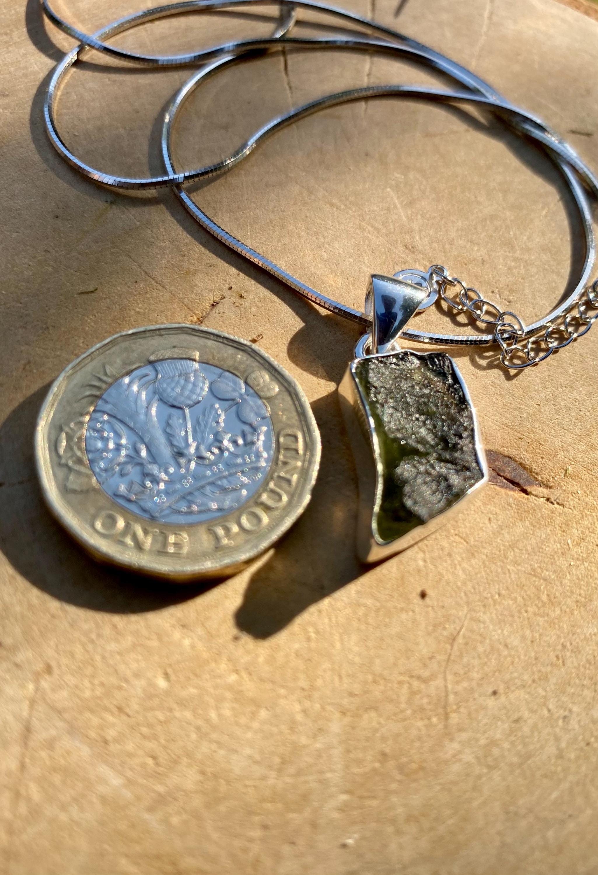 Natural MOLDAVITE Pendant, Uncut, Sterling Silver Bezel Setting, Handmade UK