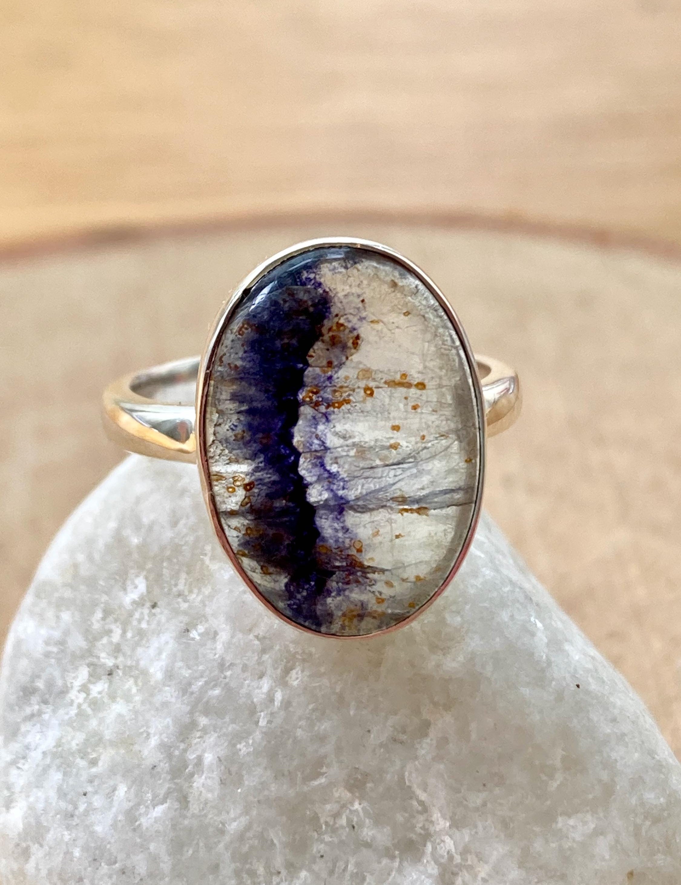 Blue John and Solid Silver Oval Ring - Extremely Rare